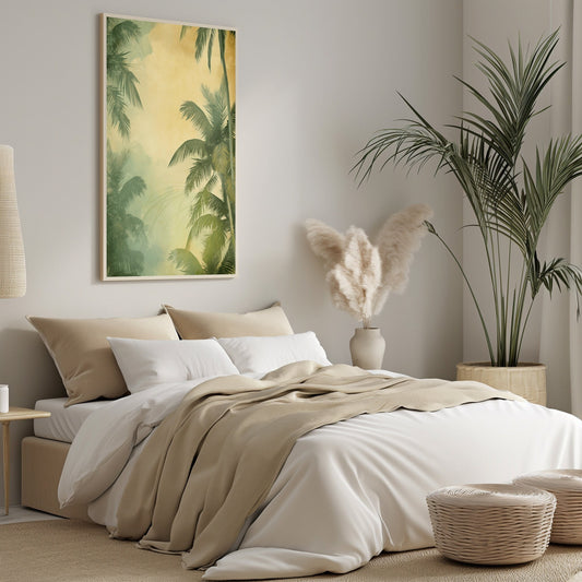 Digital print of lush tropical palm leaves in vibrant green against a sunny yellow background, perfect for lively living room decor.