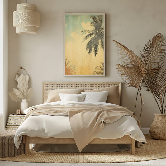 Retro-style digital art of palm tree silhouettes with a warm, golden hour desert background for a vintage home aesthetic.