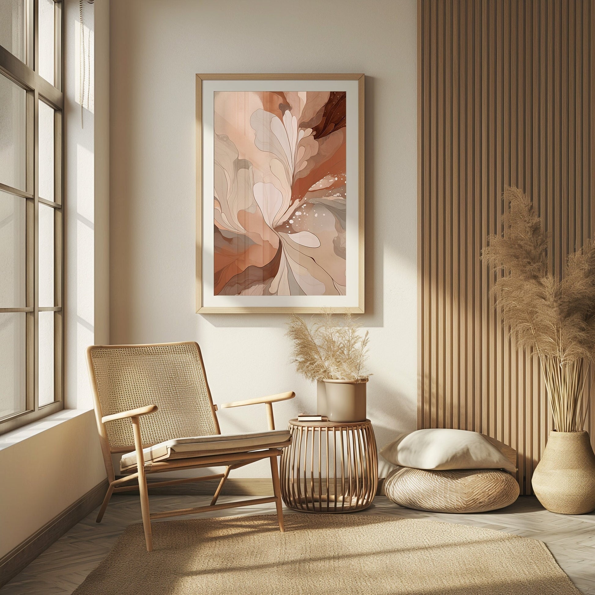 A downloadable digital art piece, &quot;Blossom Whispers,&quot; featuring an abstract interpretation of blooming flowers in soothing earth tones, creating an atmosphere of natural elegance within a home setting.