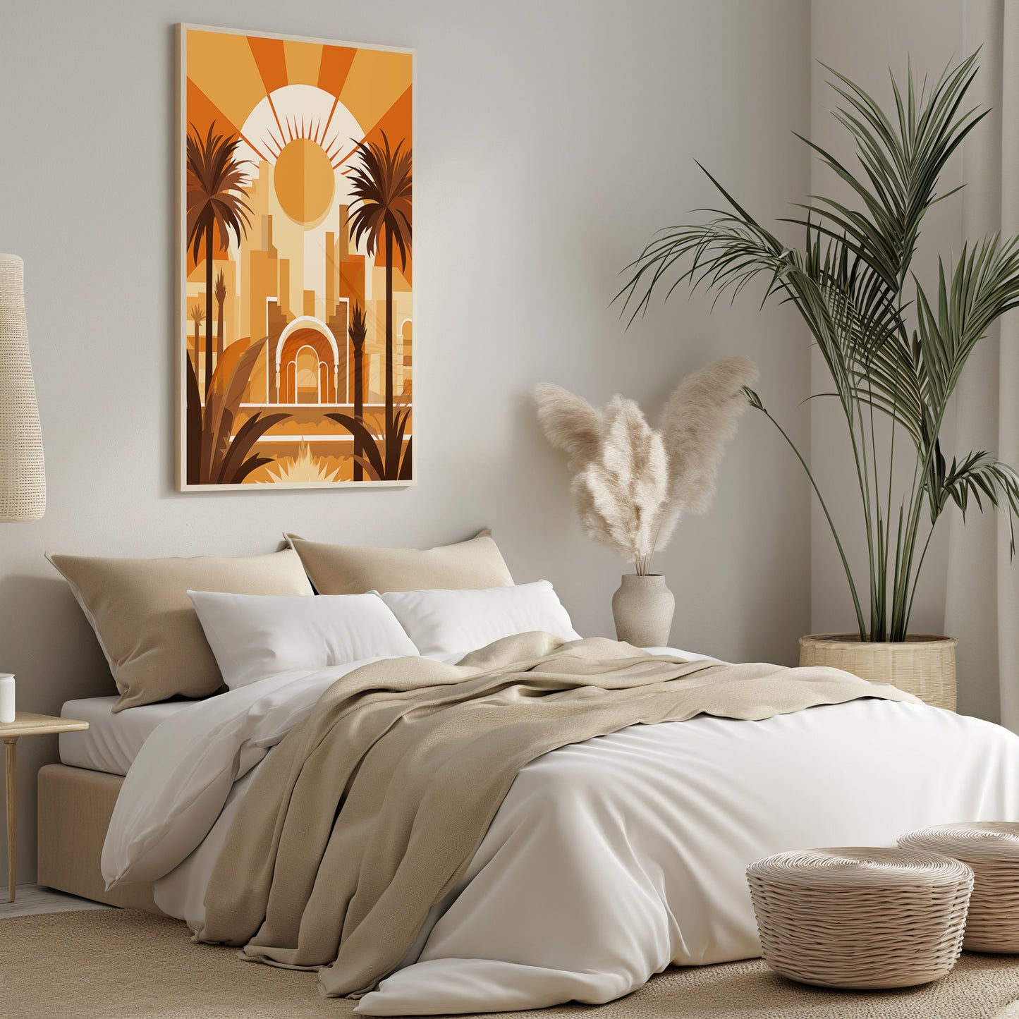 Art Deco Sunrise in the City, Palm Silhouette Skyline, Urban Dawn Wall Art, Chic Interior Print, Tropical Art, Digital Abstract Art