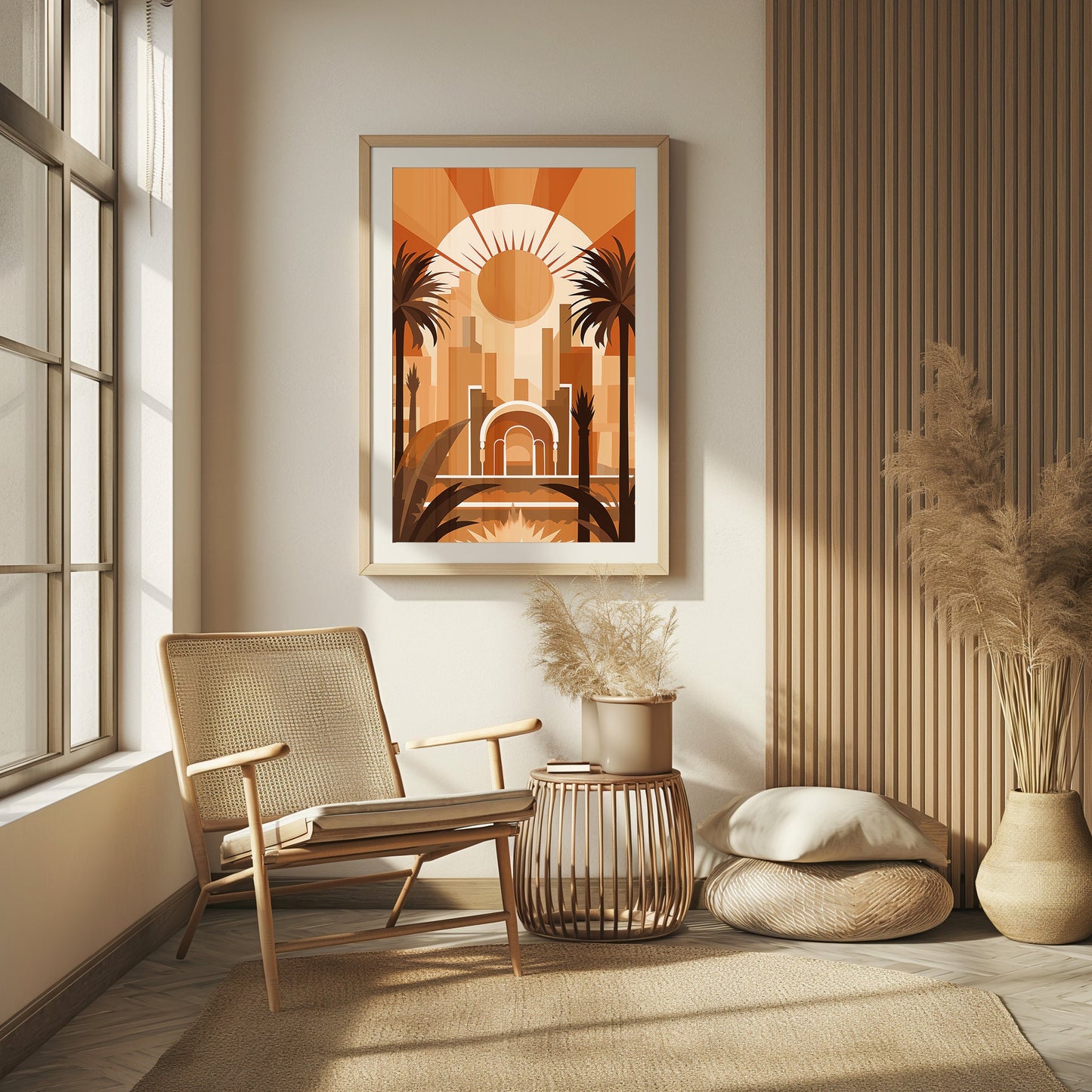 Art Deco Sunrise in the City, Palm Silhouette Skyline, Urban Dawn Wall Art, Chic Interior Print, Tropical Art, Digital Abstract Art