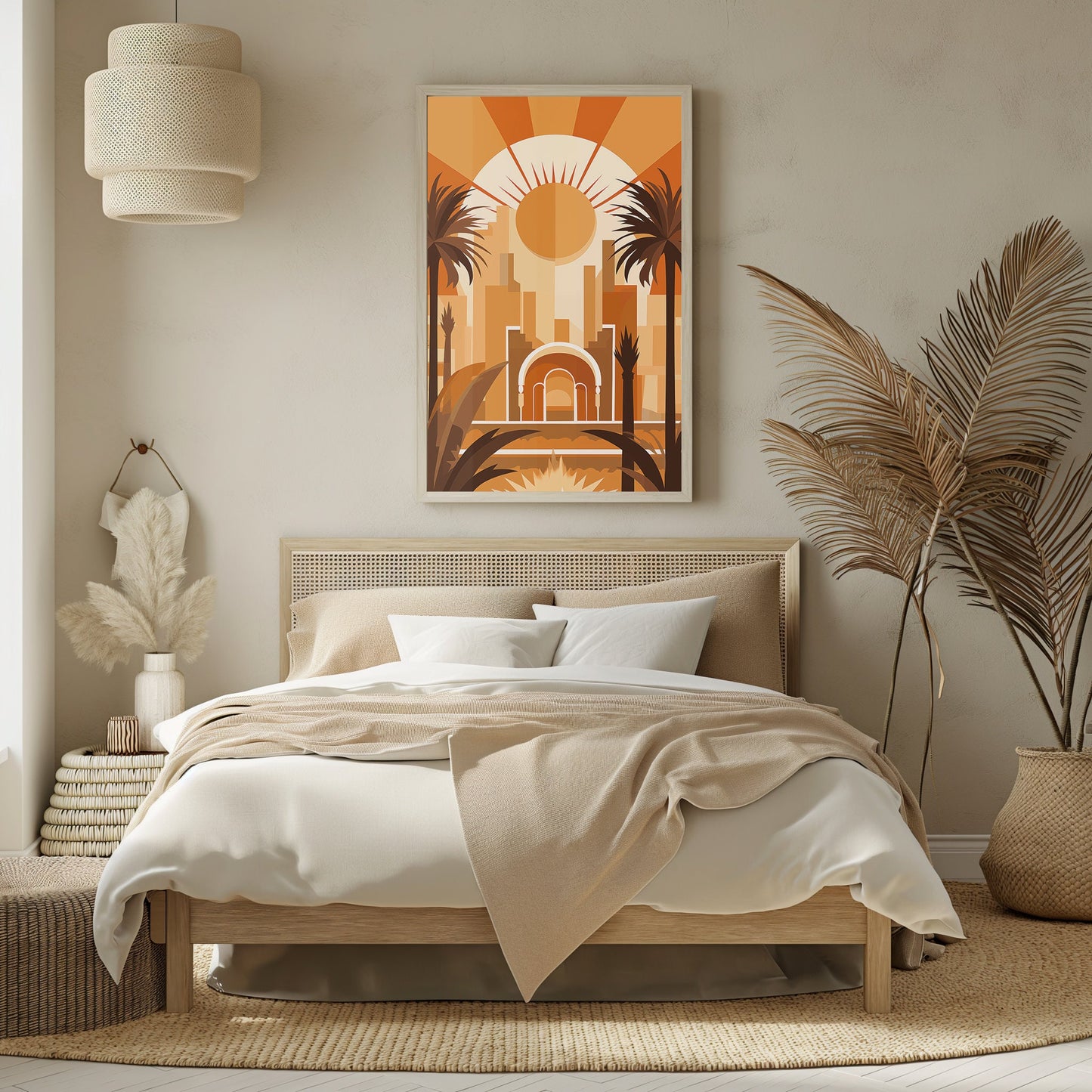 Art Deco Sunrise in the City, Palm Silhouette Skyline, Urban Dawn Wall Art, Chic Interior Print, Tropical Art, Digital Abstract Art