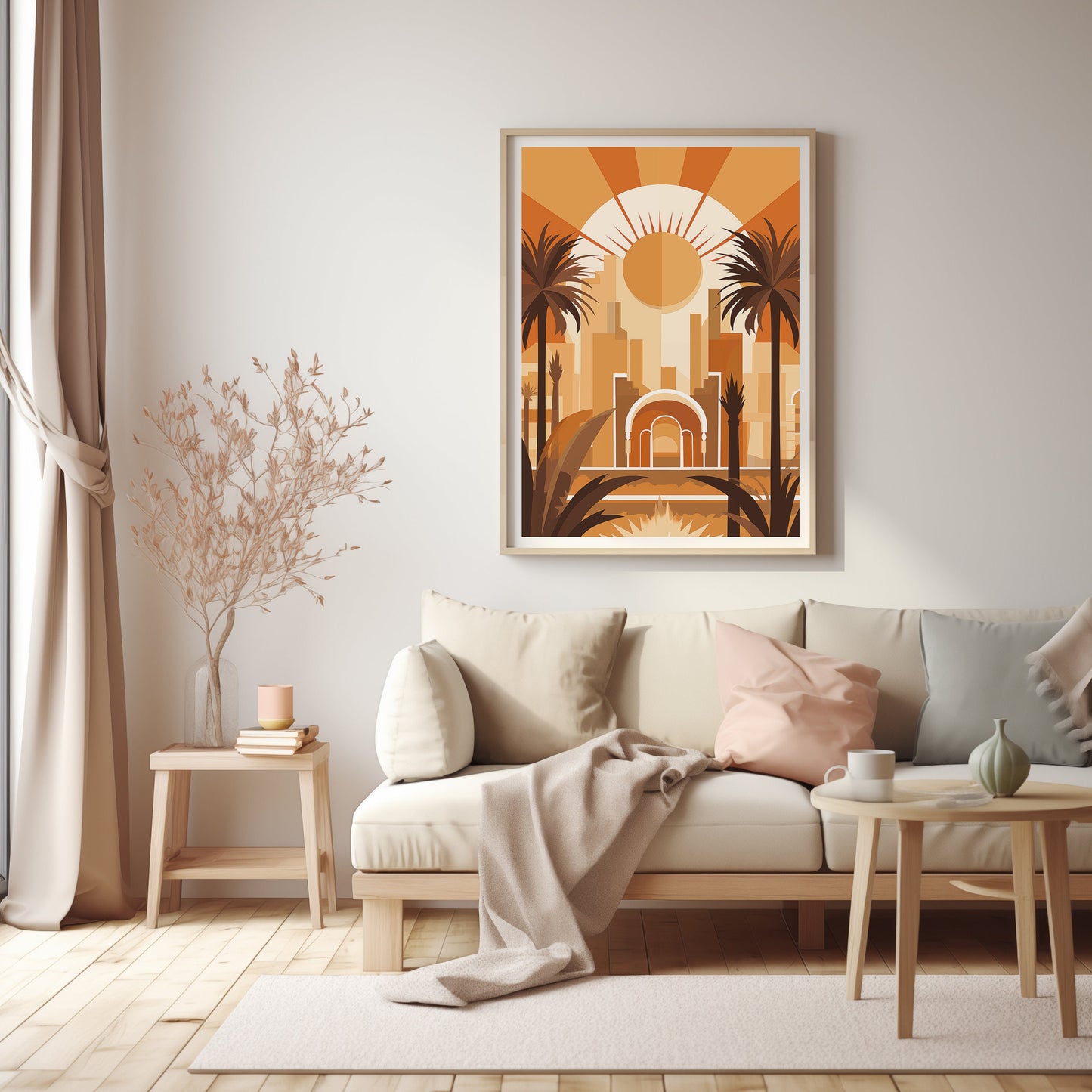 Art Deco Sunrise in the City, Palm Silhouette Skyline, Urban Dawn Wall Art, Chic Interior Print, Tropical Art, Digital Abstract Art