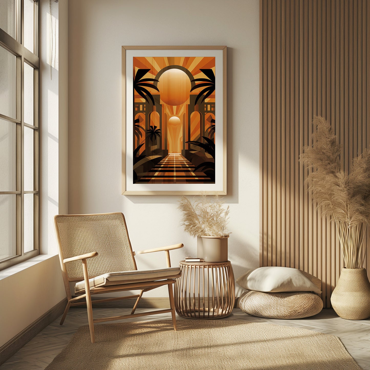 Golden Deco Gateway, Chic Palm Promenade Art, Sunset Archway Canvas, Urban Oasis Wall Accent, Mid Century Art, Modern Wall Art, Chic Art