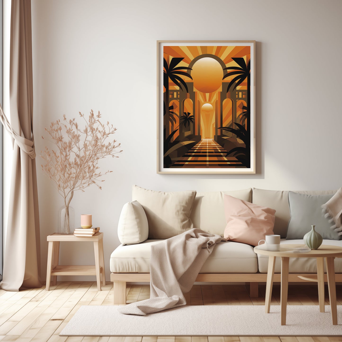 Golden Deco Gateway, Chic Palm Promenade Art, Sunset Archway Canvas, Urban Oasis Wall Accent, Mid Century Art, Modern Wall Art, Chic Art