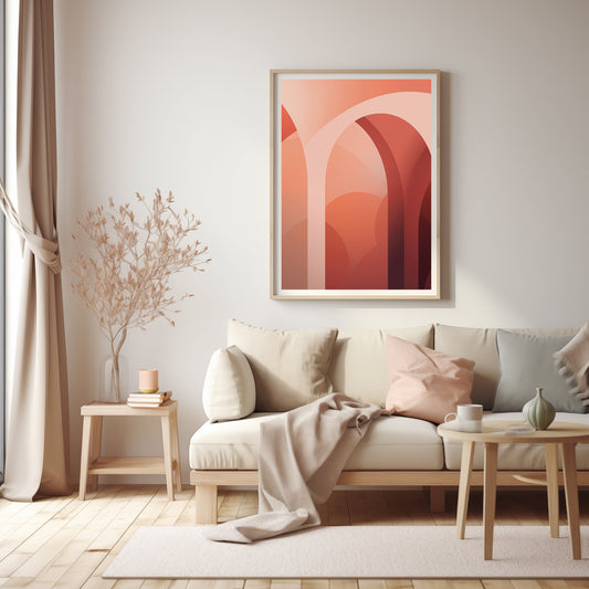 An abstract digital art print titled &quot;Coral Arches Abstract,&quot; with smooth, flowing arches in coral and peach tones, creating a calming visual for home decor.