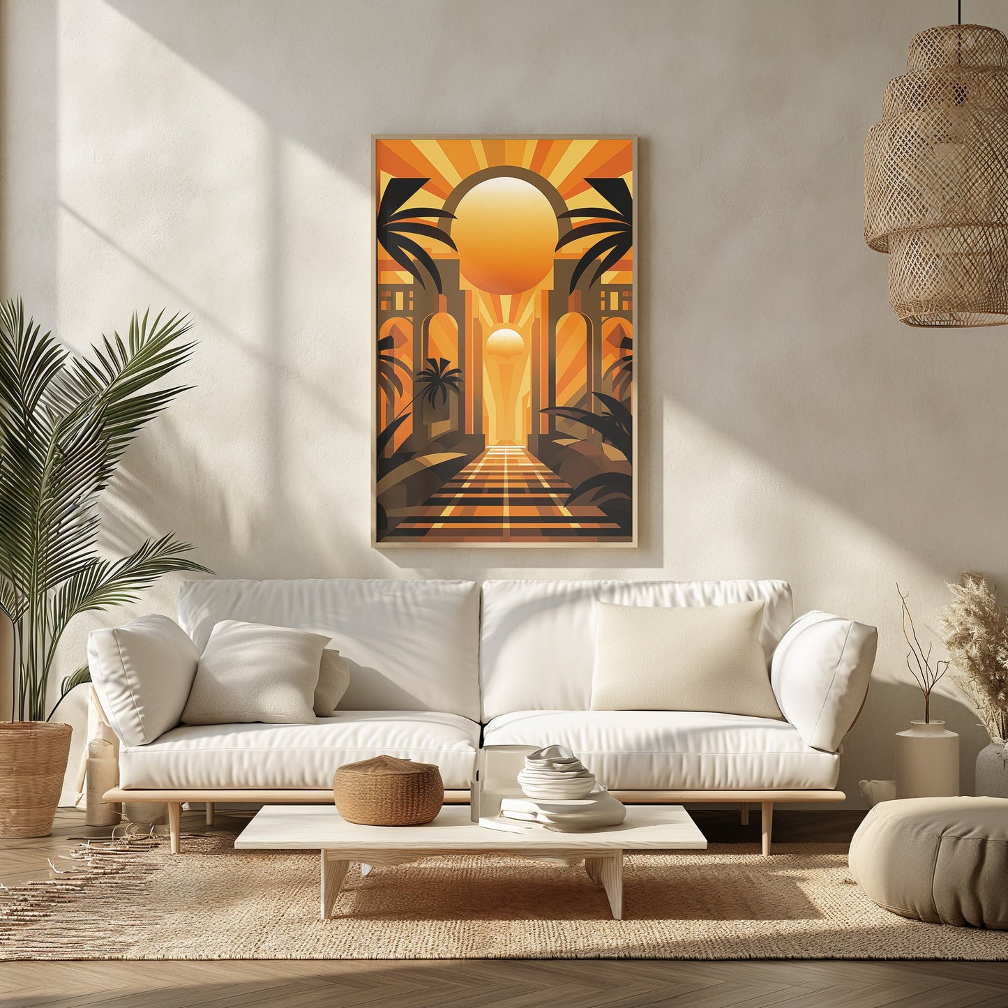 &quot;Golden Deco Gateway&quot; art features a sunset-lit archway with palm trees, embodying the elegance of Art Deco and the warmth of a city oasis.