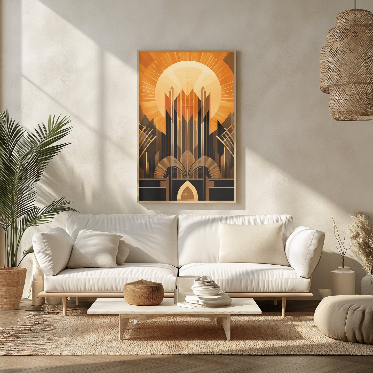 Cathedral of Light, Art Deco Architectural Print, Majestic Sunset Artwork, Modern Urban Wall Decor, Mid Century Art, Digital Poster