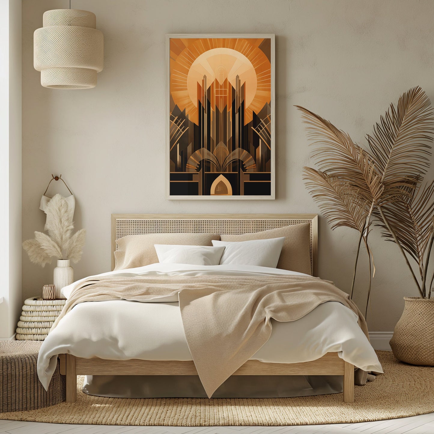 Cathedral of Light, Art Deco Architectural Print, Majestic Sunset Artwork, Modern Urban Wall Decor, Mid Century Art, Digital Poster