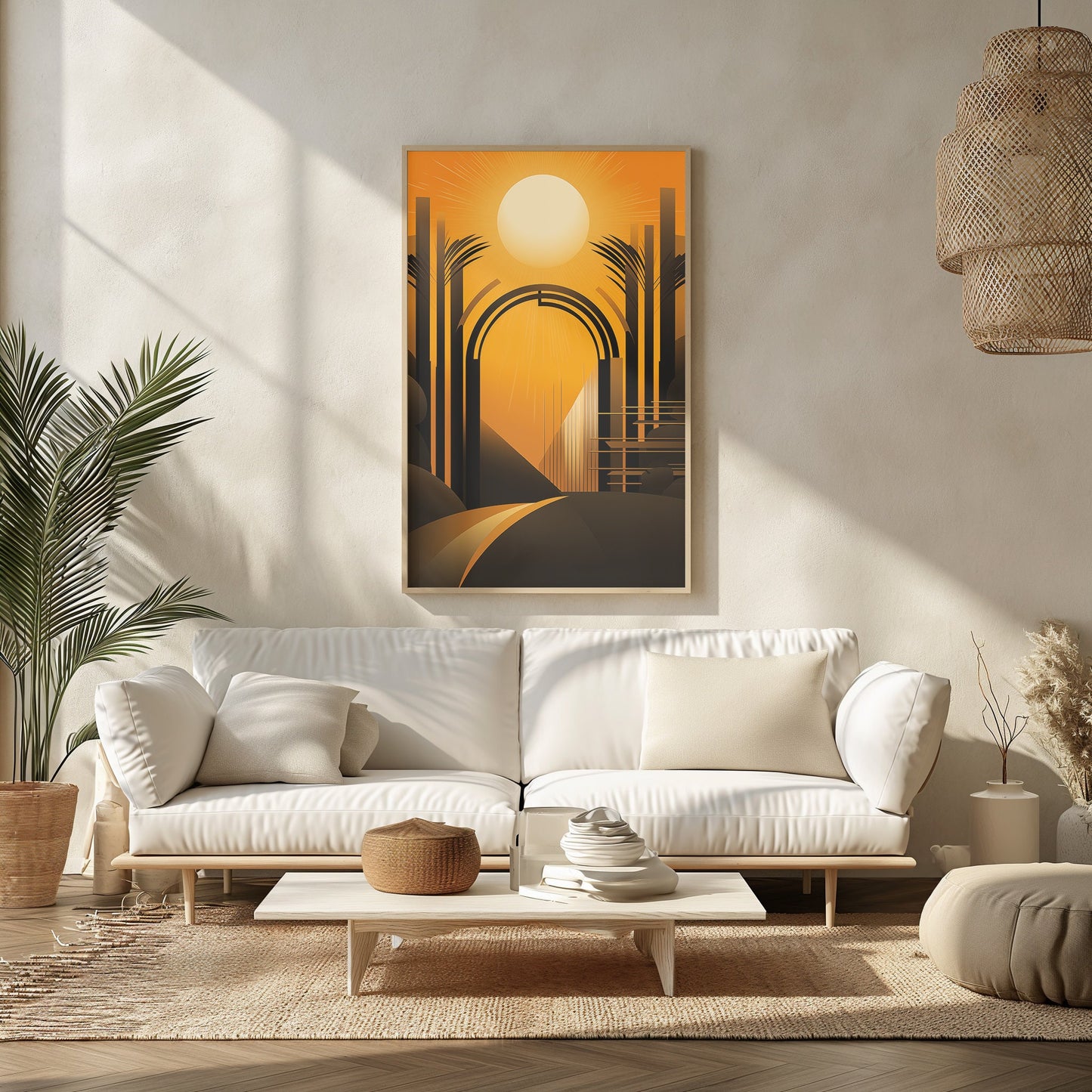 Architectural Sunrise Elegance, Warm Art Deco Print, Serene Morning Cityscape, Sophisticated Wall Art, Modern Wall Art, Tropical Poster