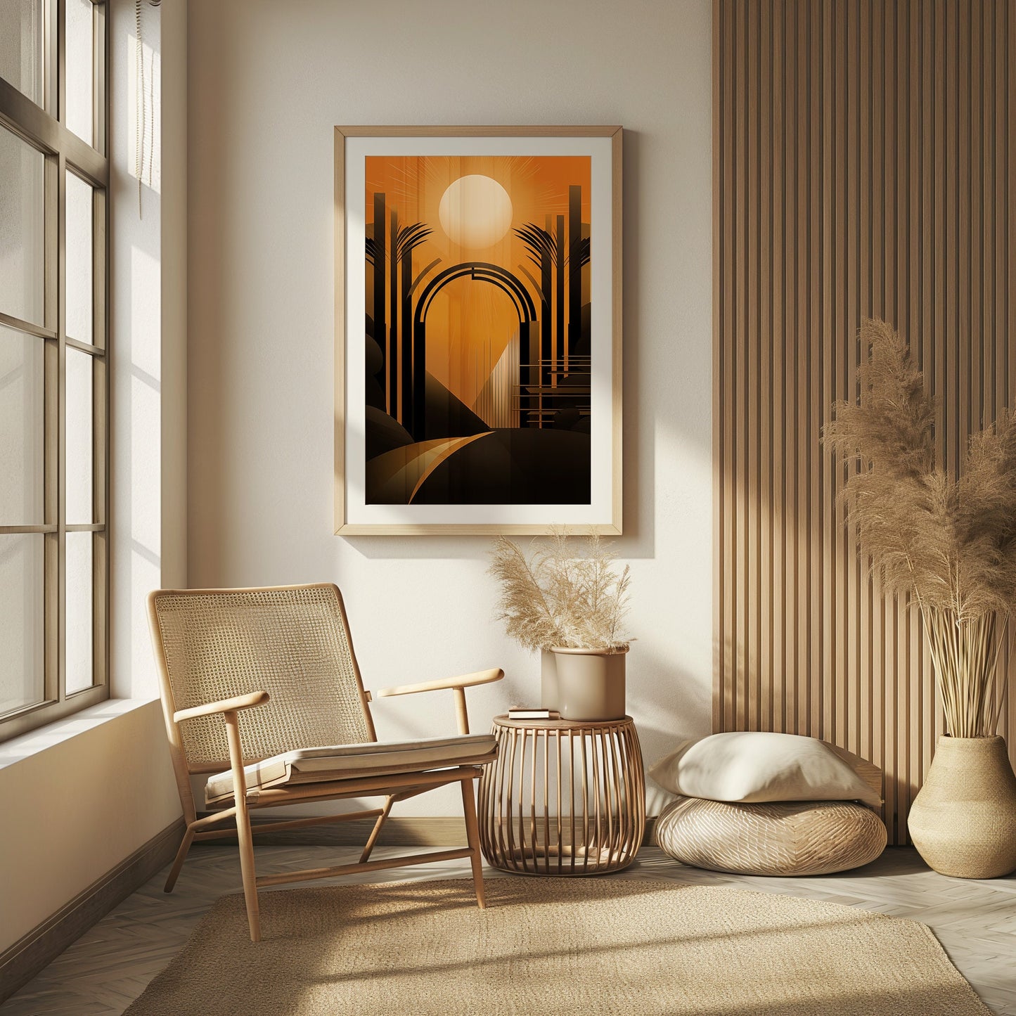 Architectural Sunrise Elegance, Warm Art Deco Print, Serene Morning Cityscape, Sophisticated Wall Art, Modern Wall Art, Tropical Poster