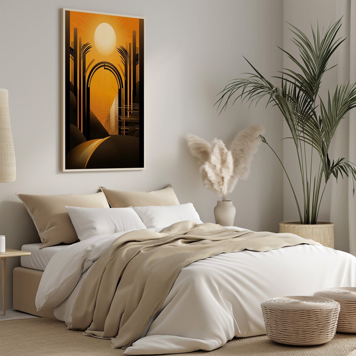 Architectural Sunrise Elegance, Warm Art Deco Print, Serene Morning Cityscape, Sophisticated Wall Art, Modern Wall Art, Tropical Poster