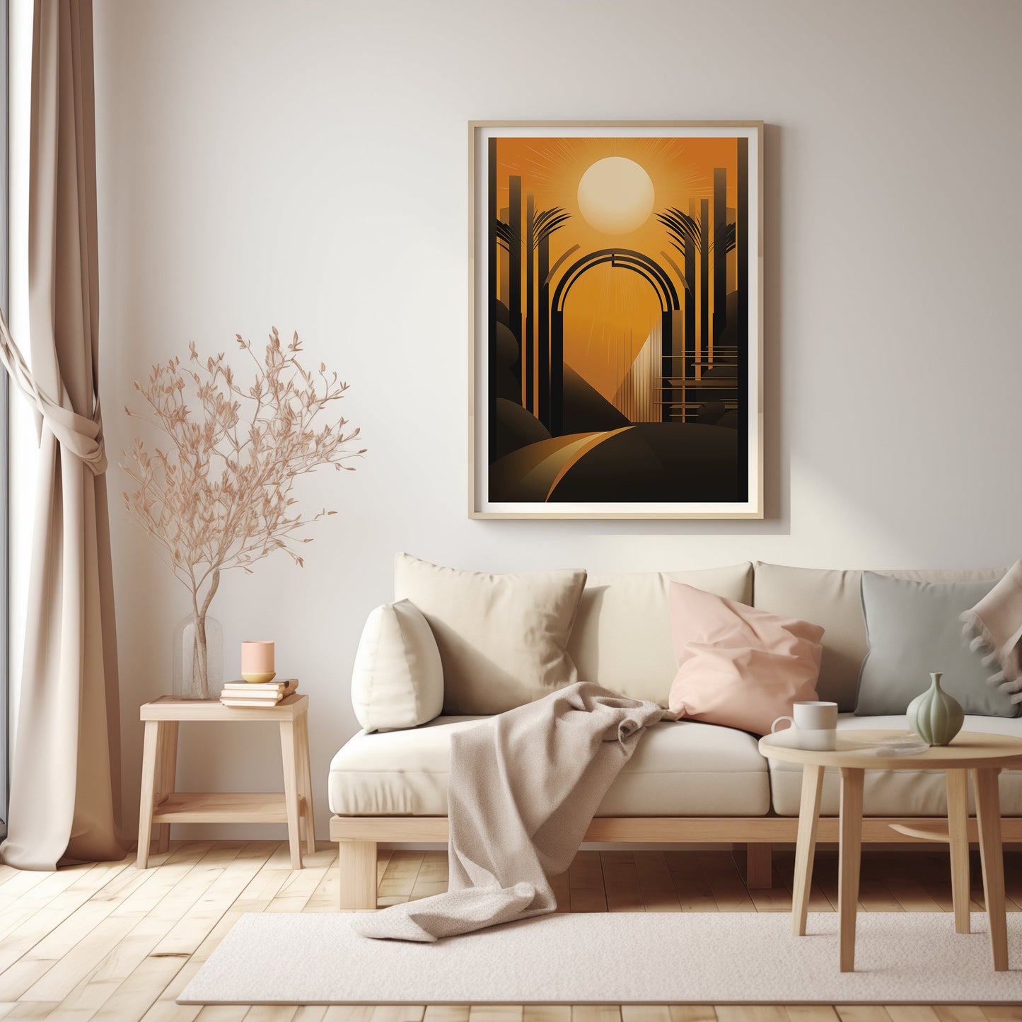 Architectural Sunrise Elegance, Warm Art Deco Print, Serene Morning Cityscape, Sophisticated Wall Art, Modern Wall Art, Tropical Poster
