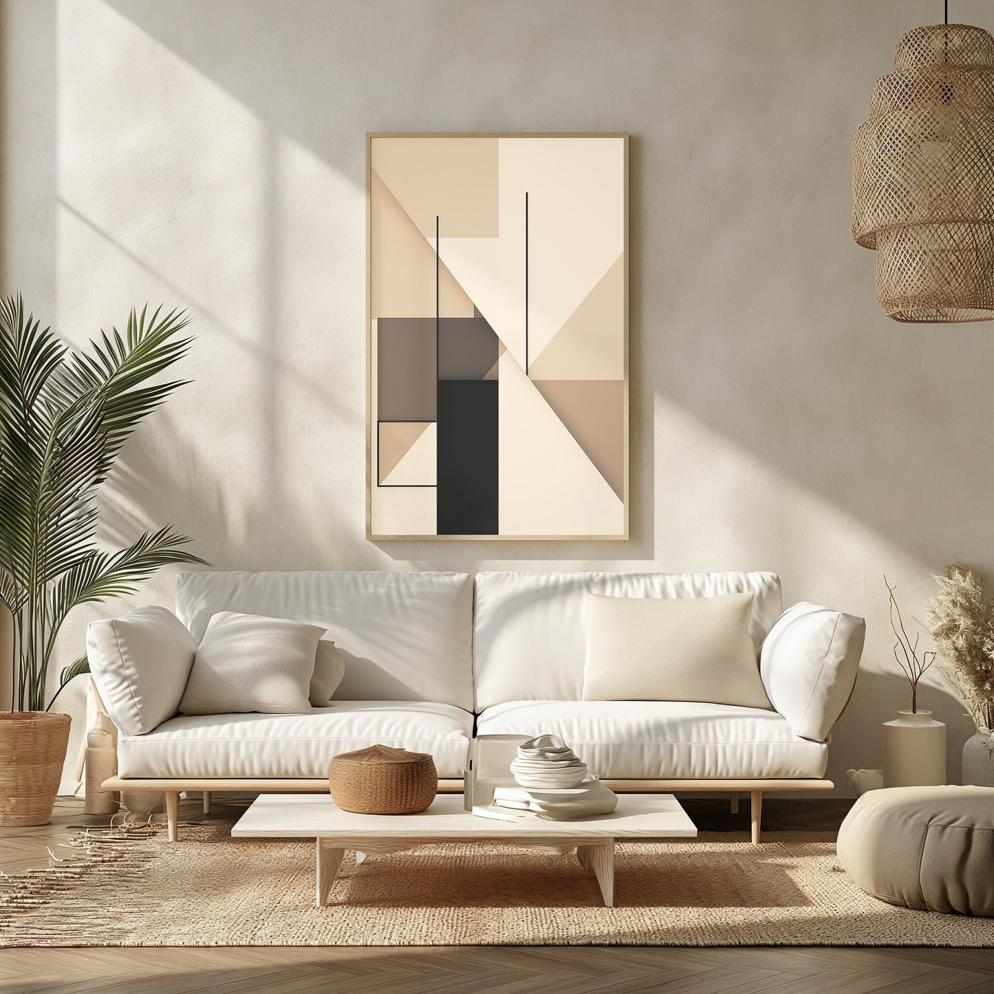 Geometric Harmony Canvas, Modern Abstract Art, Bold Neutrals with Black Accents, Contemporary Home Statement Piece, Digital Artwork