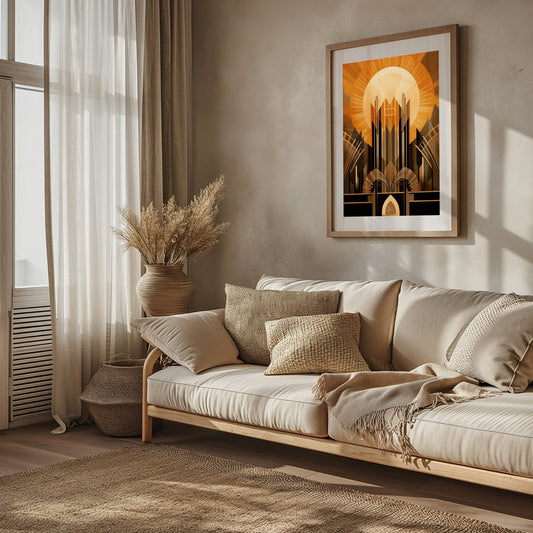 A digital artwork titled &quot;Cathedral of Light&quot; showcasing an Art Deco-inspired architectural scene bathed in the golden light of sunset, bringing a modern yet timeless ambiance to the room.