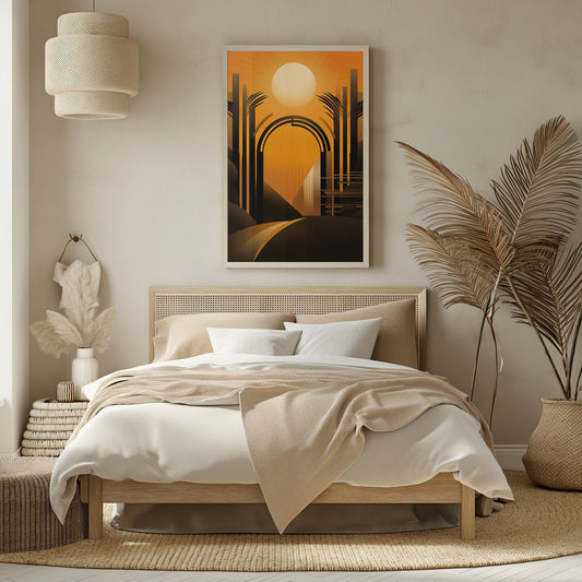 An Art Deco-style artwork featuring a sunrise over a stylized cityscape, with warm tones and palm tree silhouettes creating a serene morning ambiance.