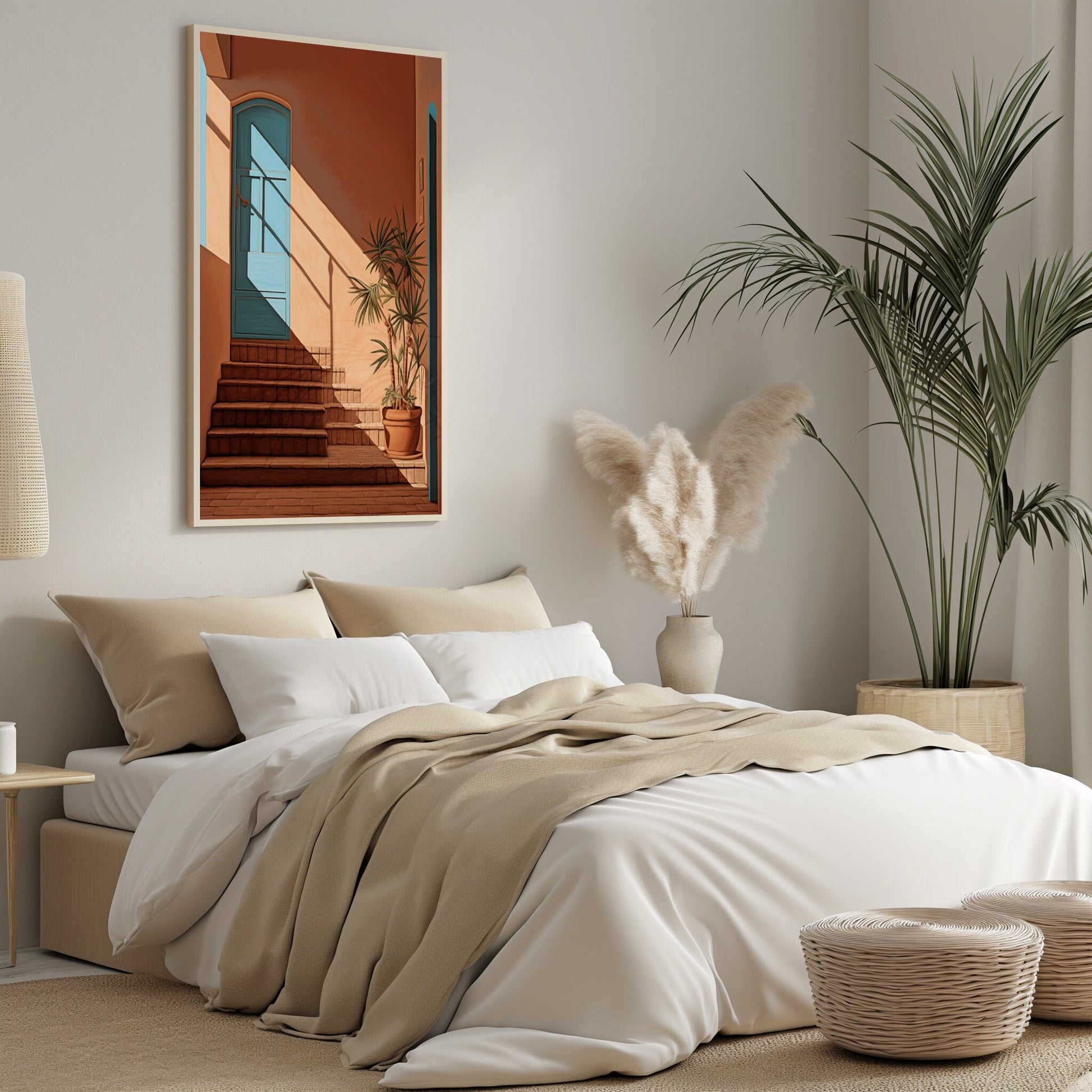 Printable digital art depicting a Mediterranean staircase scene in warm tones with a bright blue door, offering a tranquil and modern aesthetic for home interiors.