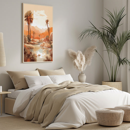 Digital art print capturing a peaceful sunset scene with palm trees, a reflective lake, and mountain backdrop, rendered in a calming palette of dusky pinks and oranges, ideal for creating a tranquil atmosphere at home.