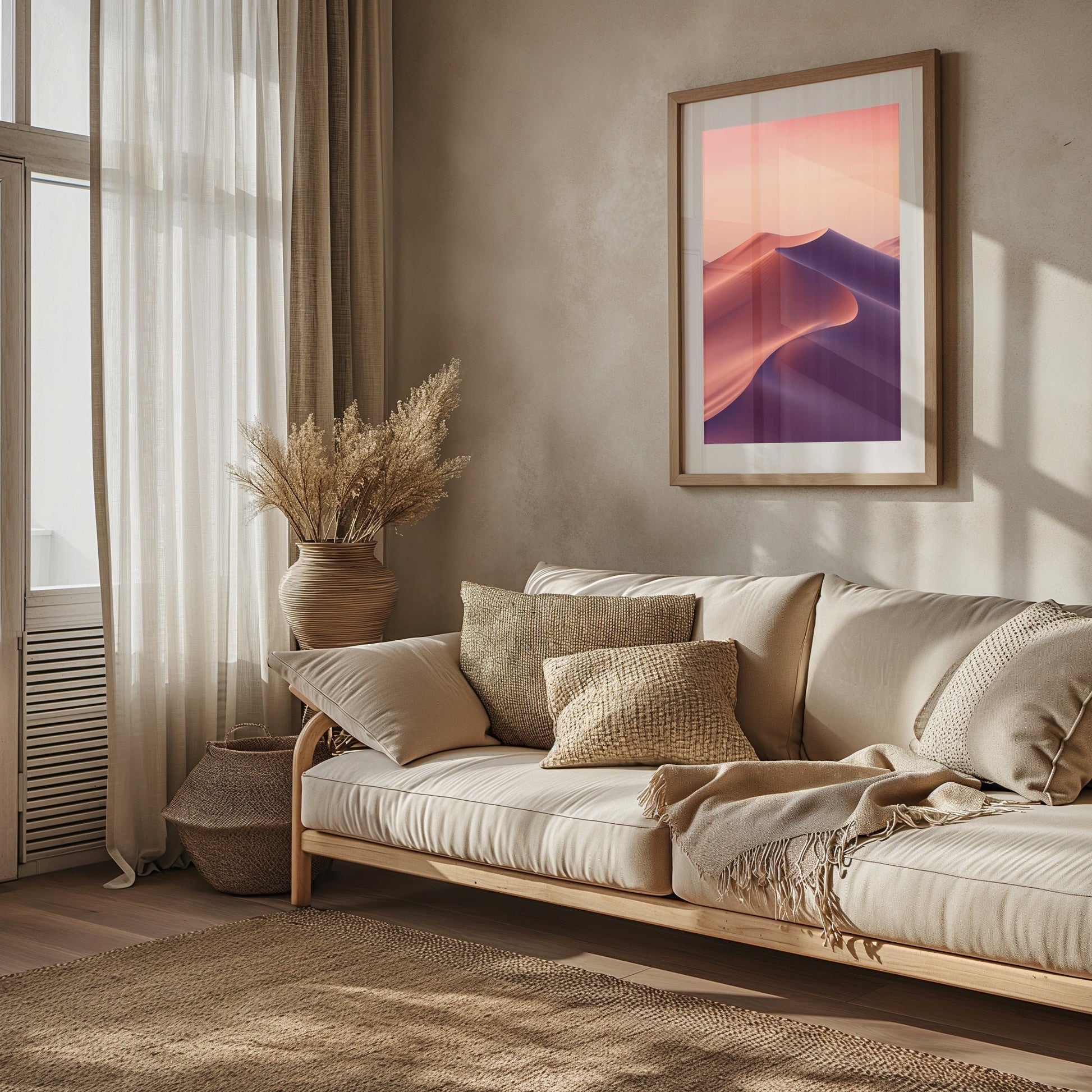 Abstract digital print of desert dunes with smooth sand waves under a gradient twilight sky, creating a peaceful and visually striking addition to modern home decor.