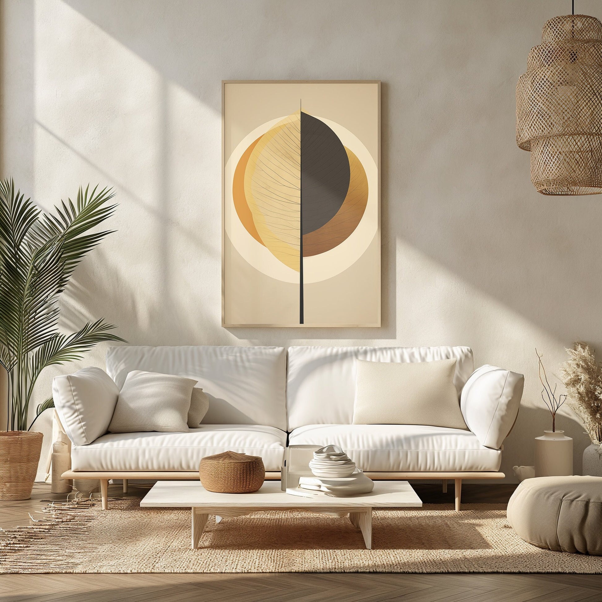 Digital art print with abstract geometric circles in neutral tones, creating an eclipse effect, ideal for adding a modern and minimalist touch to any living space.