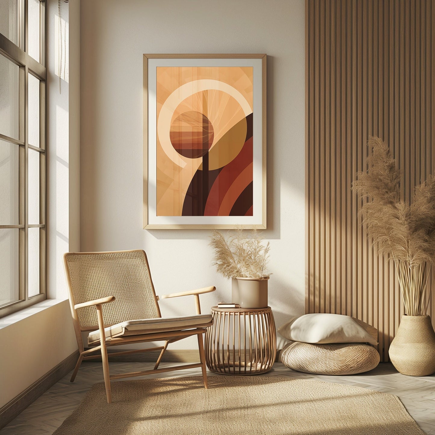 Abstract digital art print of a stylized sun with warm, earthy mid-century tones, ideal for a modern boho chic interior decor theme.