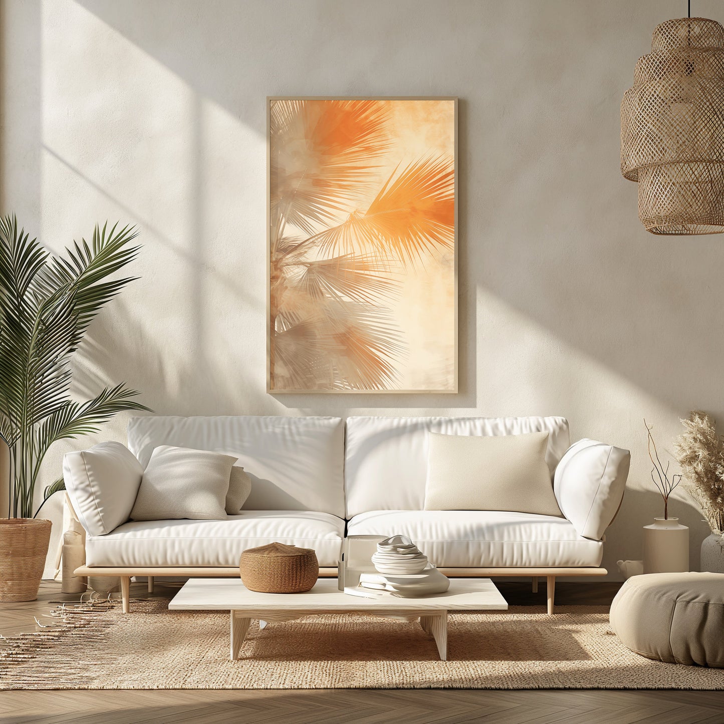 Sunkissed Palm Whispers, Abstract Tropical Canopy Art, Golden Hour Glow, Chic Nature-Inspired Decor