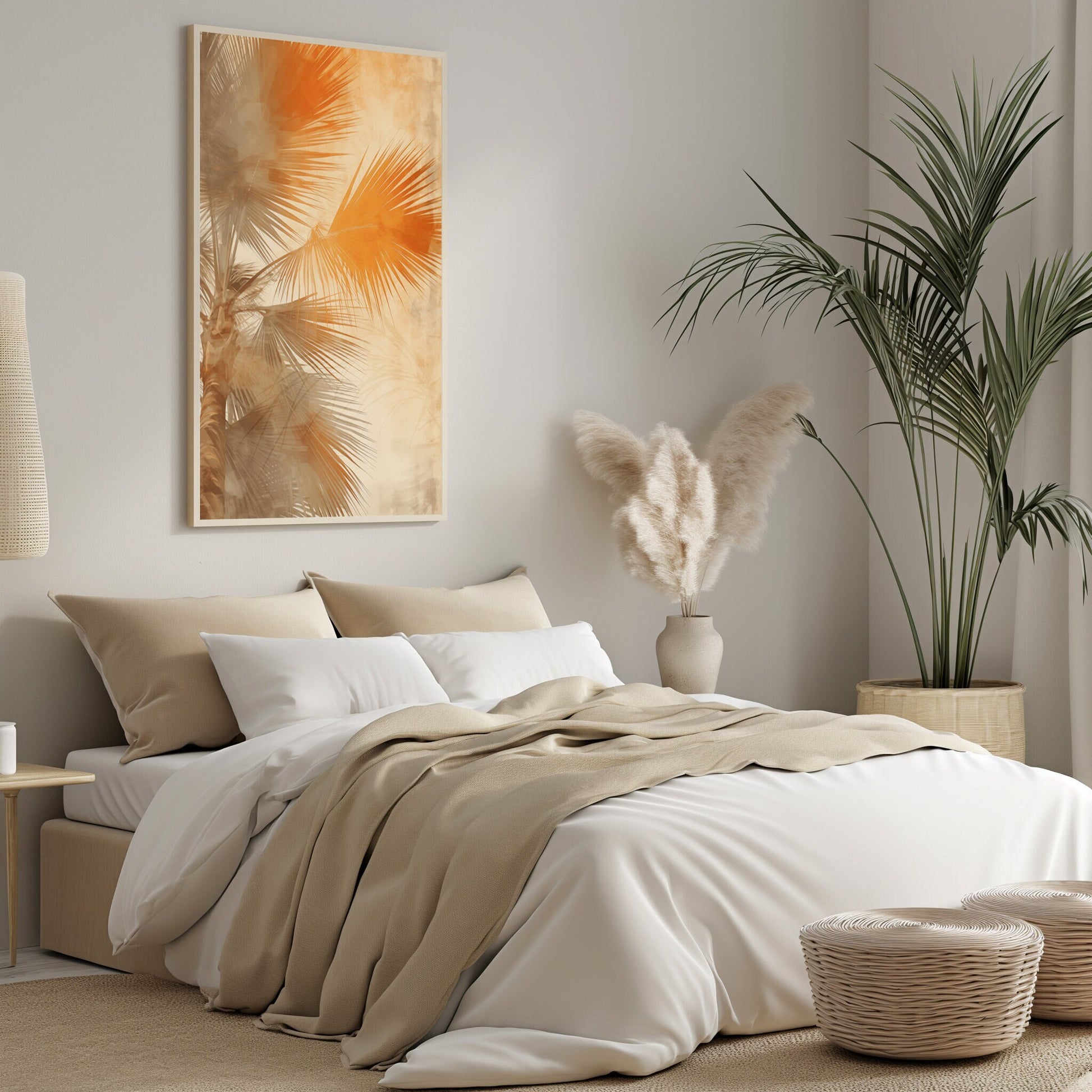 Abstract art print capturing the luminous glow of a tropical palm canopy at sunset, with a palette of warm golden hues, blending natural beauty with modern chic decor.