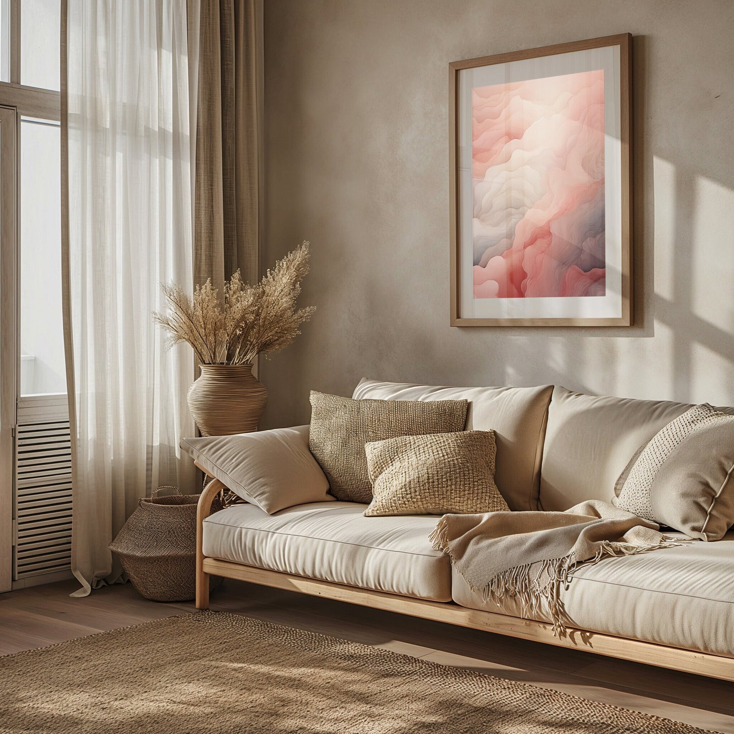 Digital print of a serene, abstract landscape with soft blush and pastel peaks, ideal for tranquil home decor.