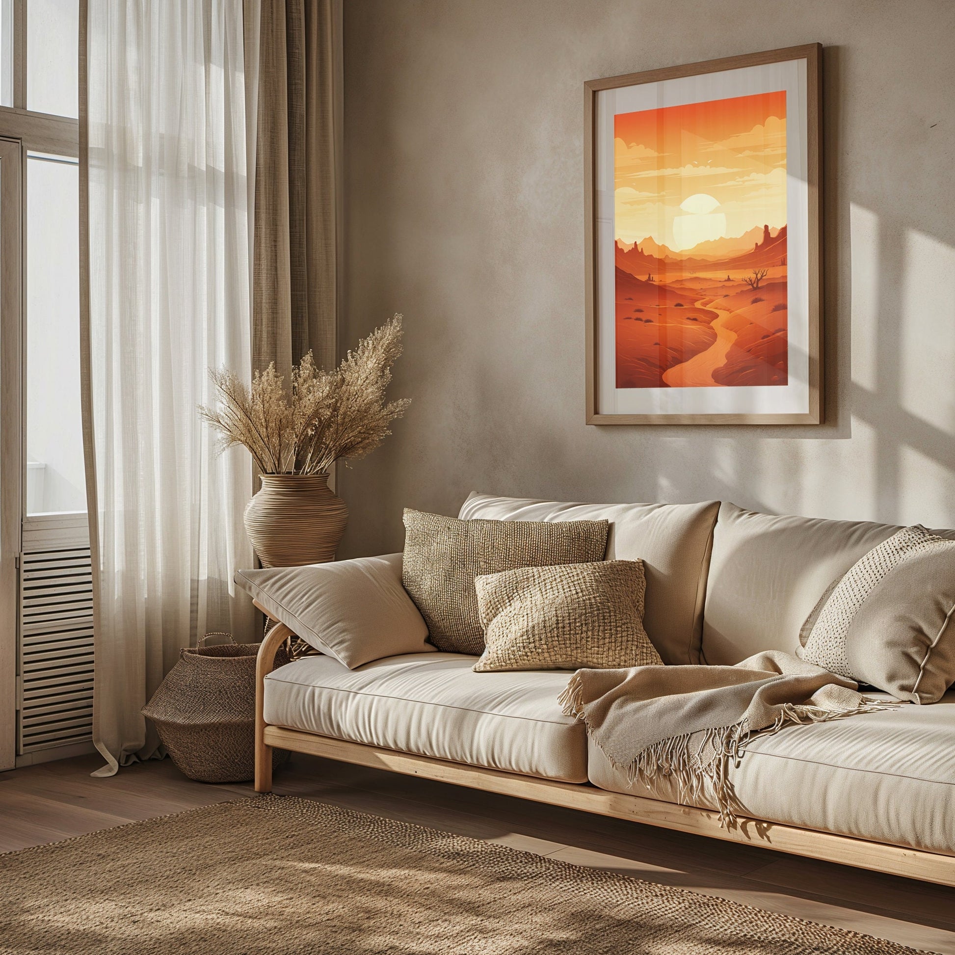 Digital print of a desert sunset with warm orange and red tones, reflecting a serene landscape perfect for a boho-inspired home or a mid-century modern decor setting.