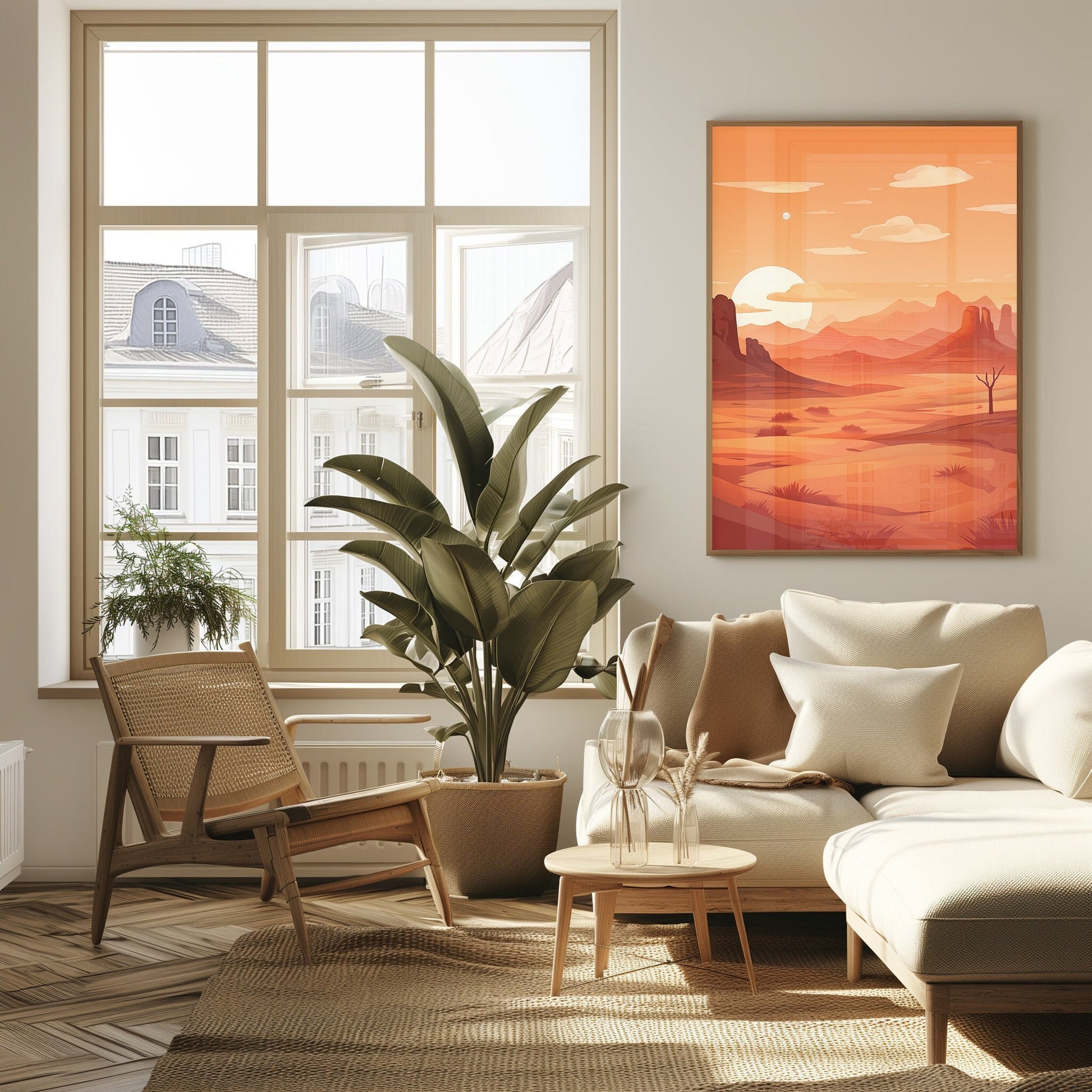 Digital art print featuring a serene desert scene at sunset with golden hues and a minimalist mid-century modern aesthetic, ideal for a warm, bohemian home decor.