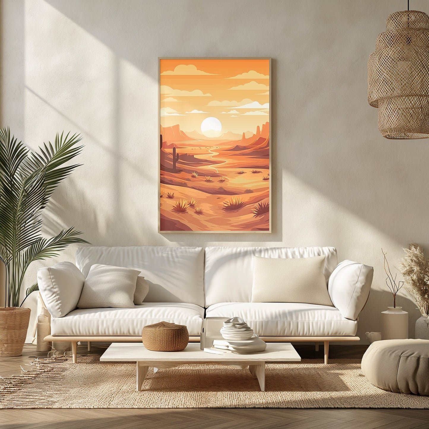 Sunrise Serenity Desert Art, Mid Century Modern Print, Boho Chic Decor, Earth Tone Landscape, Printable Morning Dunes