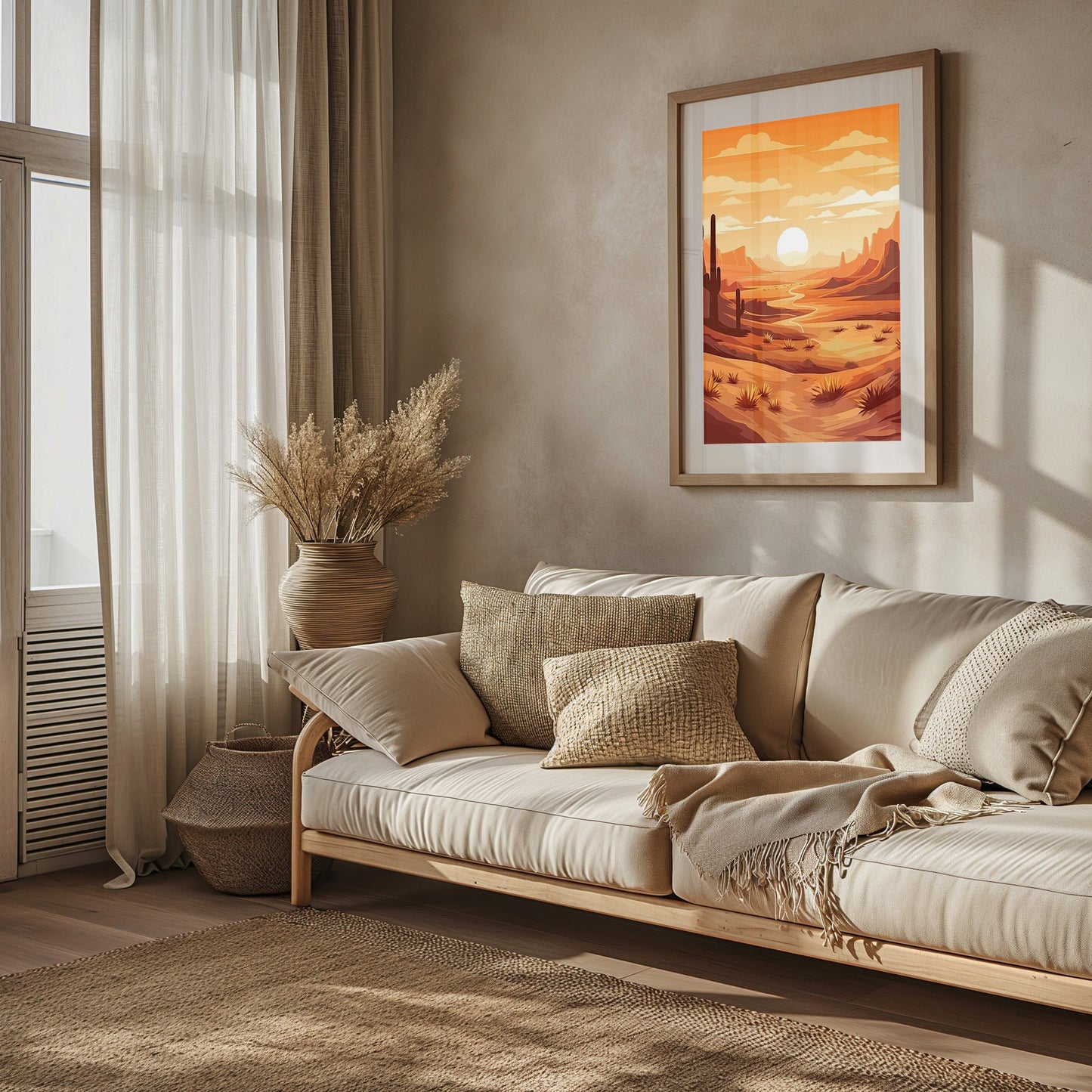 Sunrise Serenity Desert Art, Mid Century Modern Print, Boho Chic Decor, Earth Tone Landscape, Printable Morning Dunes