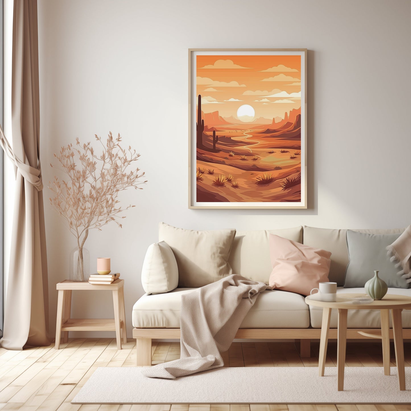 Sunrise Serenity Desert Art, Mid Century Modern Print, Boho Chic Decor, Earth Tone Landscape, Printable Morning Dunes