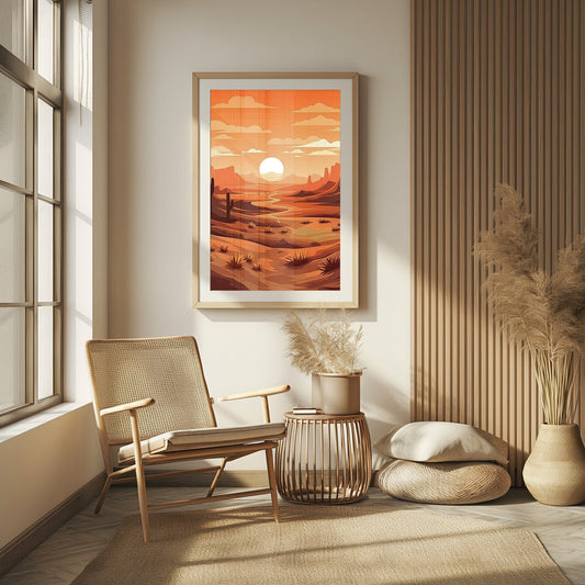 Printable art of a desert sunrise in earth tones, capturing the peaceful landscape in a mid-century modern style, ideal for a boho chic interior.