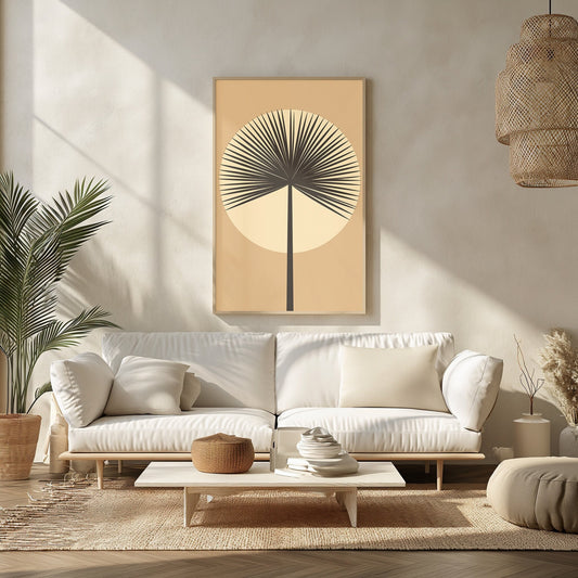 Sleek and modern digital print of a minimalist palm fan, perfectly suited for mid century or boho chic inspired bedroom decor.