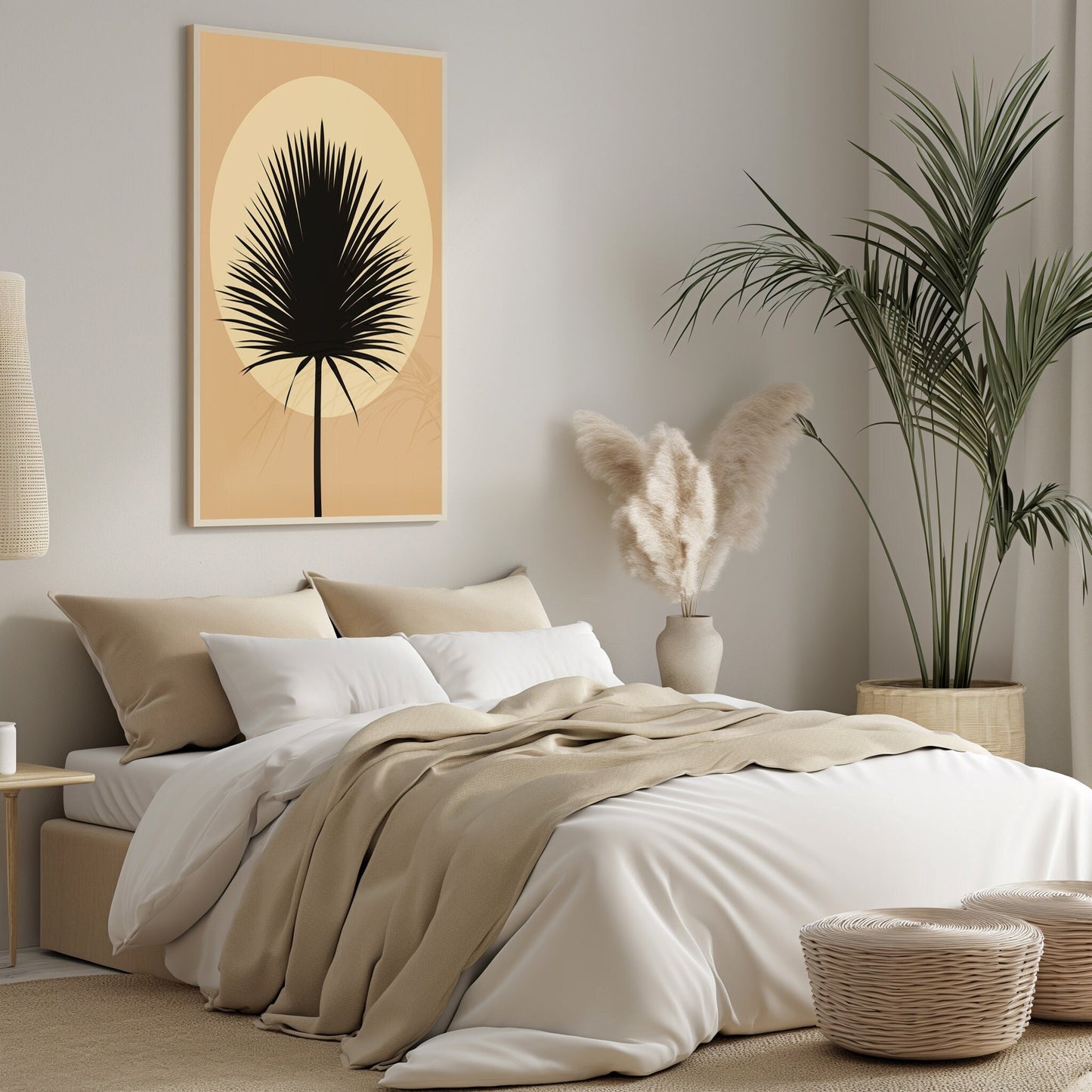 Contemporary digital art of a bold black palm leaf against a neutral backdrop, marrying mid-century modern style with boho chic decor sensibilities.