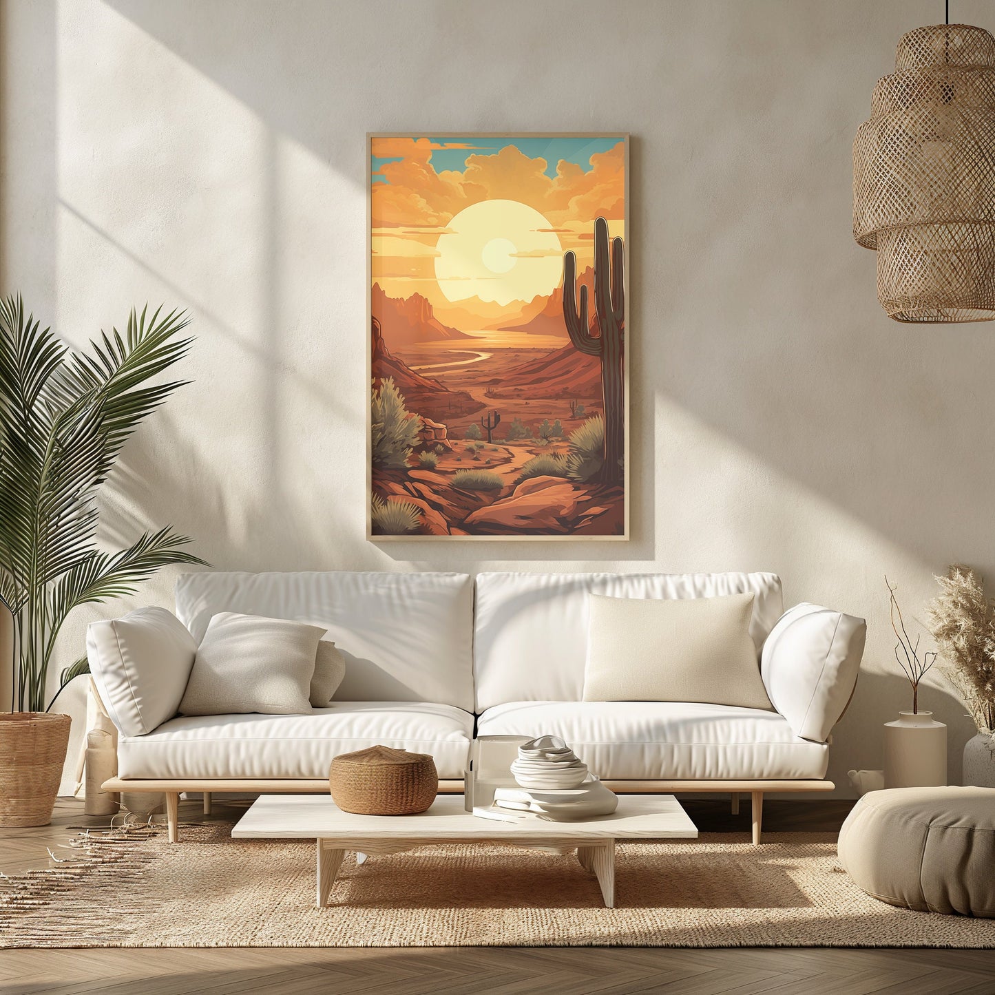 Tranquil Desert Sunset Art, Majestic Cactus Print, Mid Century Inspired Decor, Boho Serene Landscape, Sunlit Scenery Poster