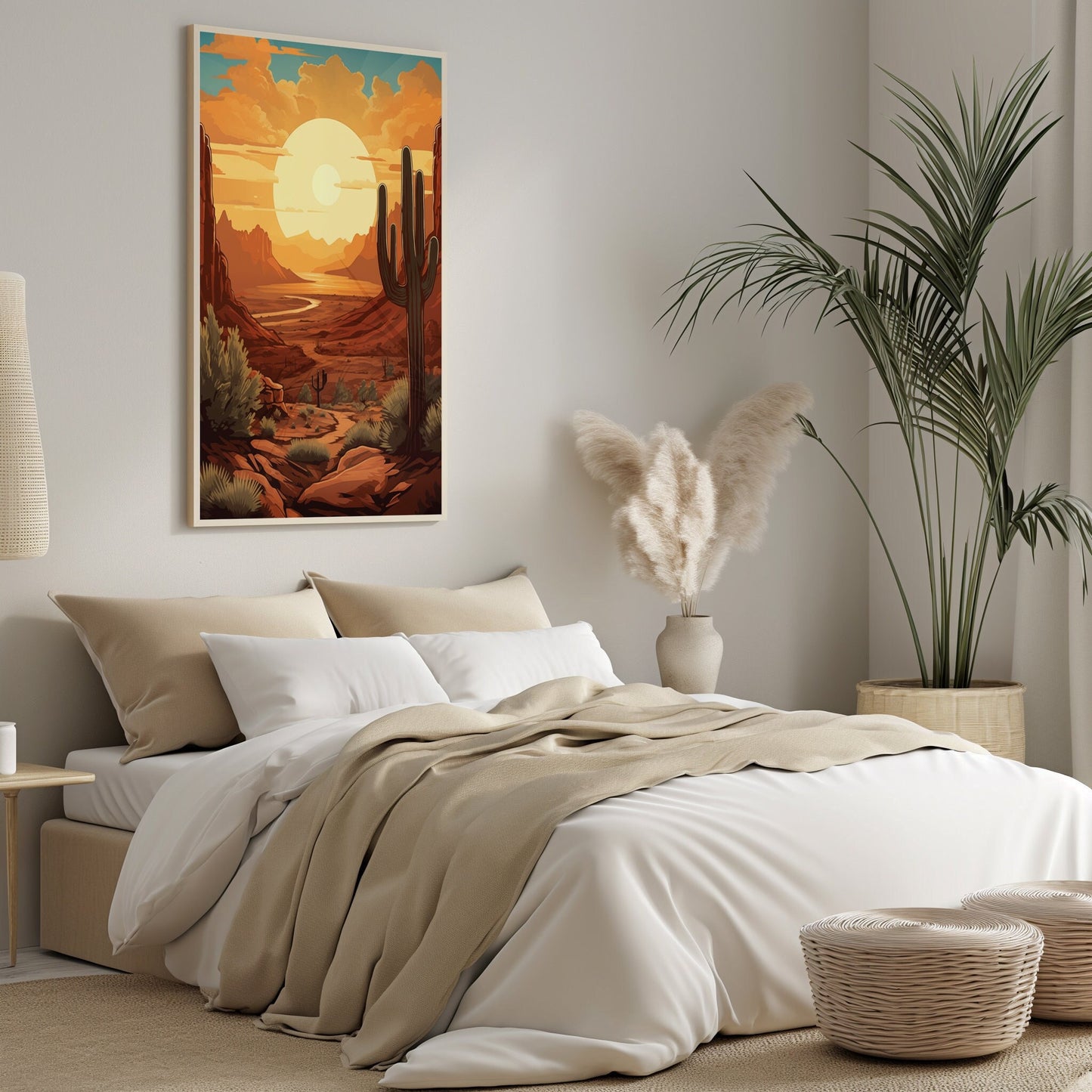 A captivating digital print showcasing the serene beauty of a desert landscape at sunset, with majestic cacti and warm, sunlit tones.