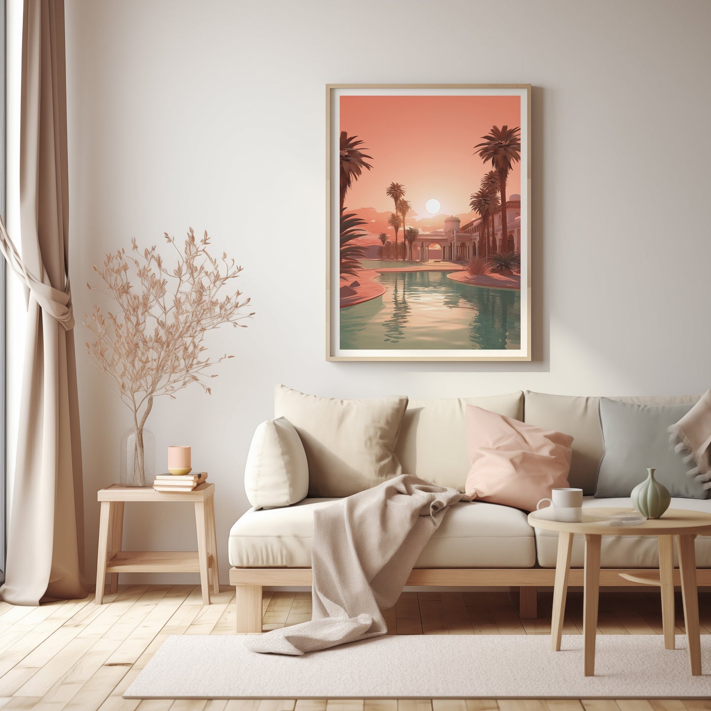 Tropical Sunset Oasis Art, Palm Reflections Print, Mid Century Warmth Poster, Bohemian Serenity Artwork, Calm Dusk Wall Decor