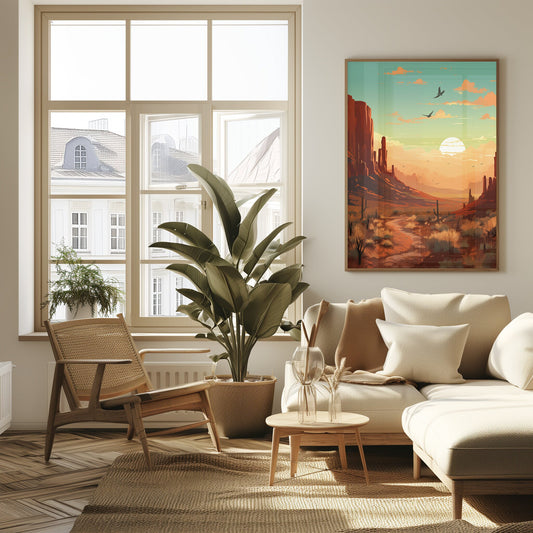 Artistic representation of a desert canyon at sunset, showcasing warm colors and serene landscapes, fitting for mid-century or boho chic styled rooms.