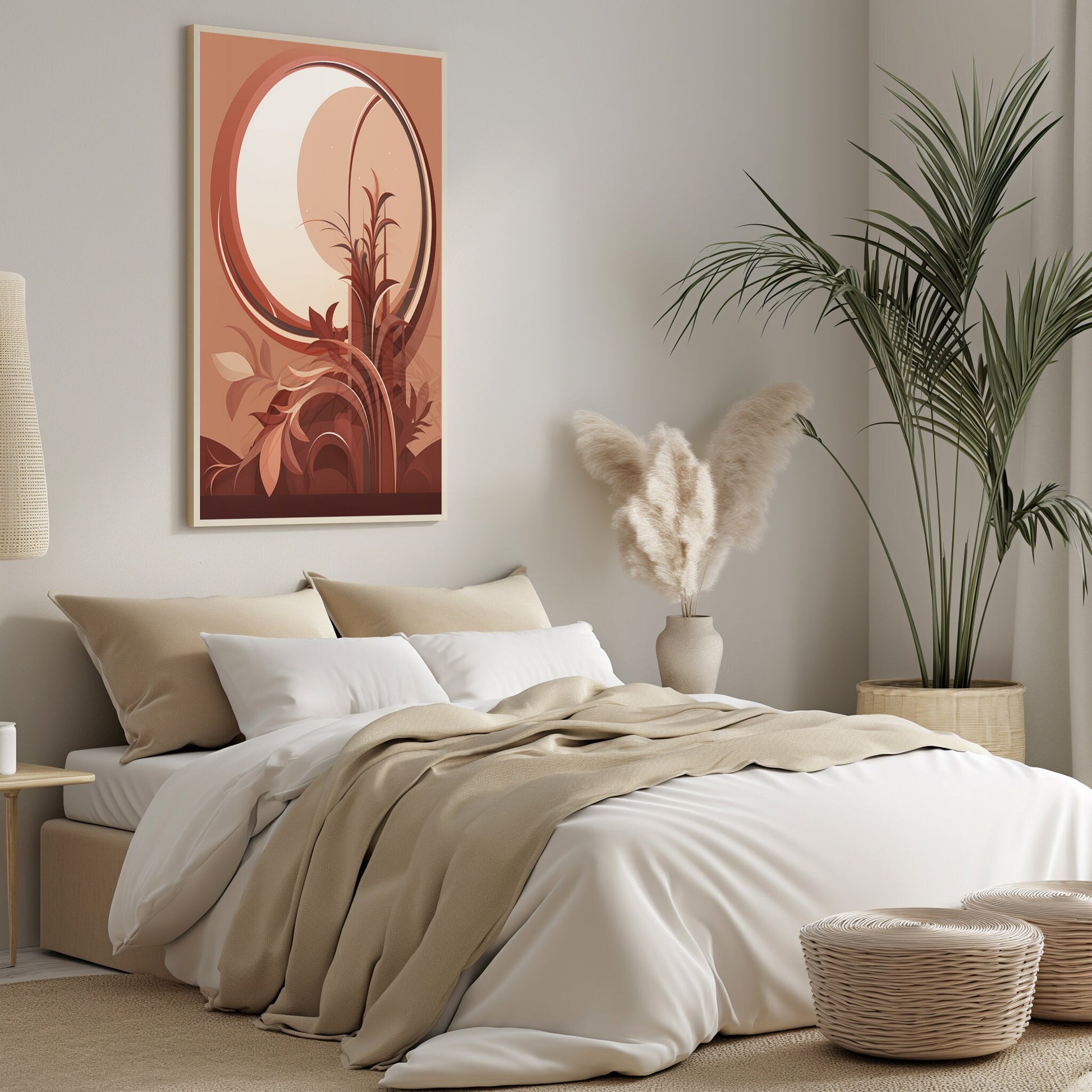 Modern digital art print of an autumn sunset landscape in earth tones, enhancing a cozy boho chic living space.