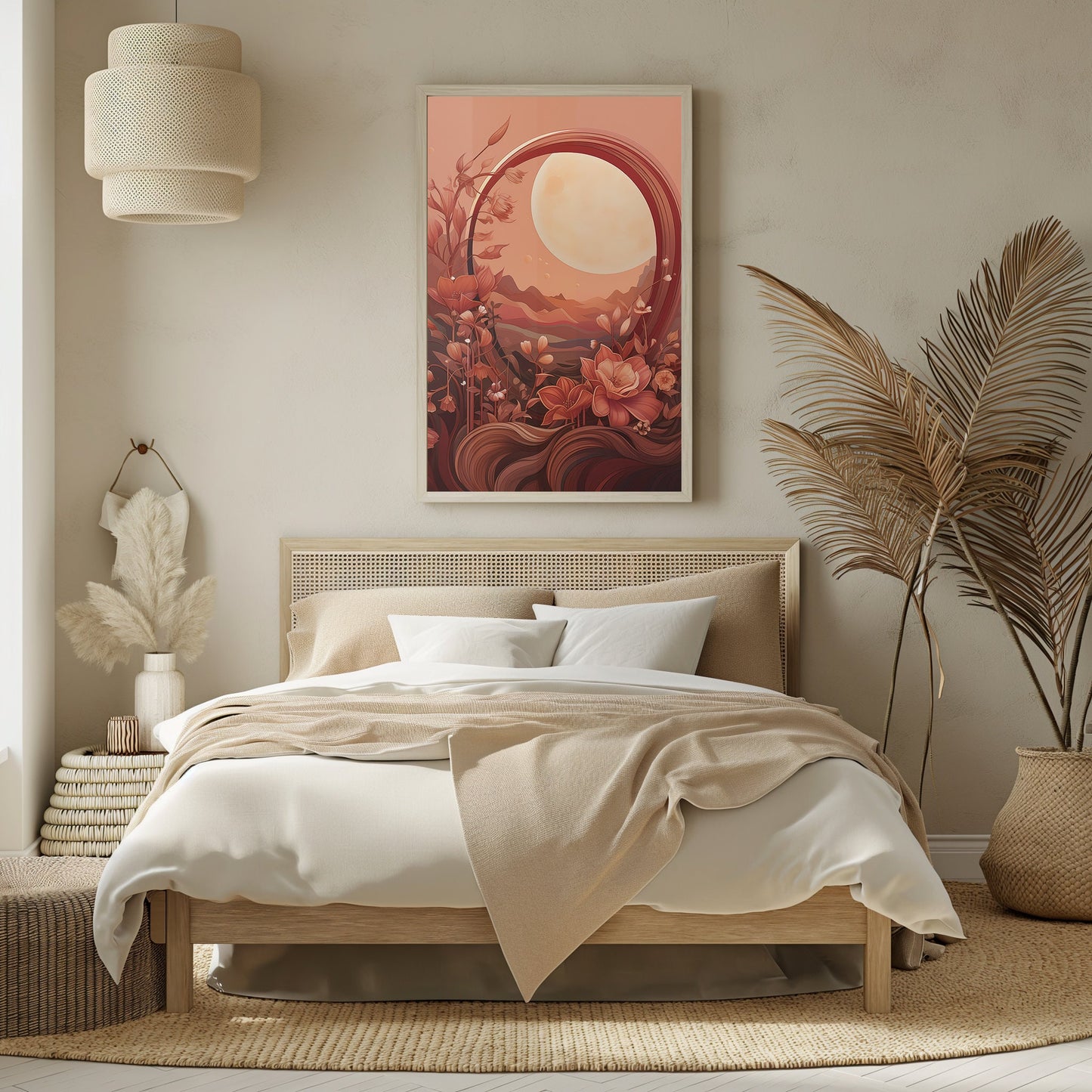 Harvest Moon, Digital Fall Artwork, Rustic Sunset Decor, Bohemian Wall Print, Warm Tones Living, Instant Download Art