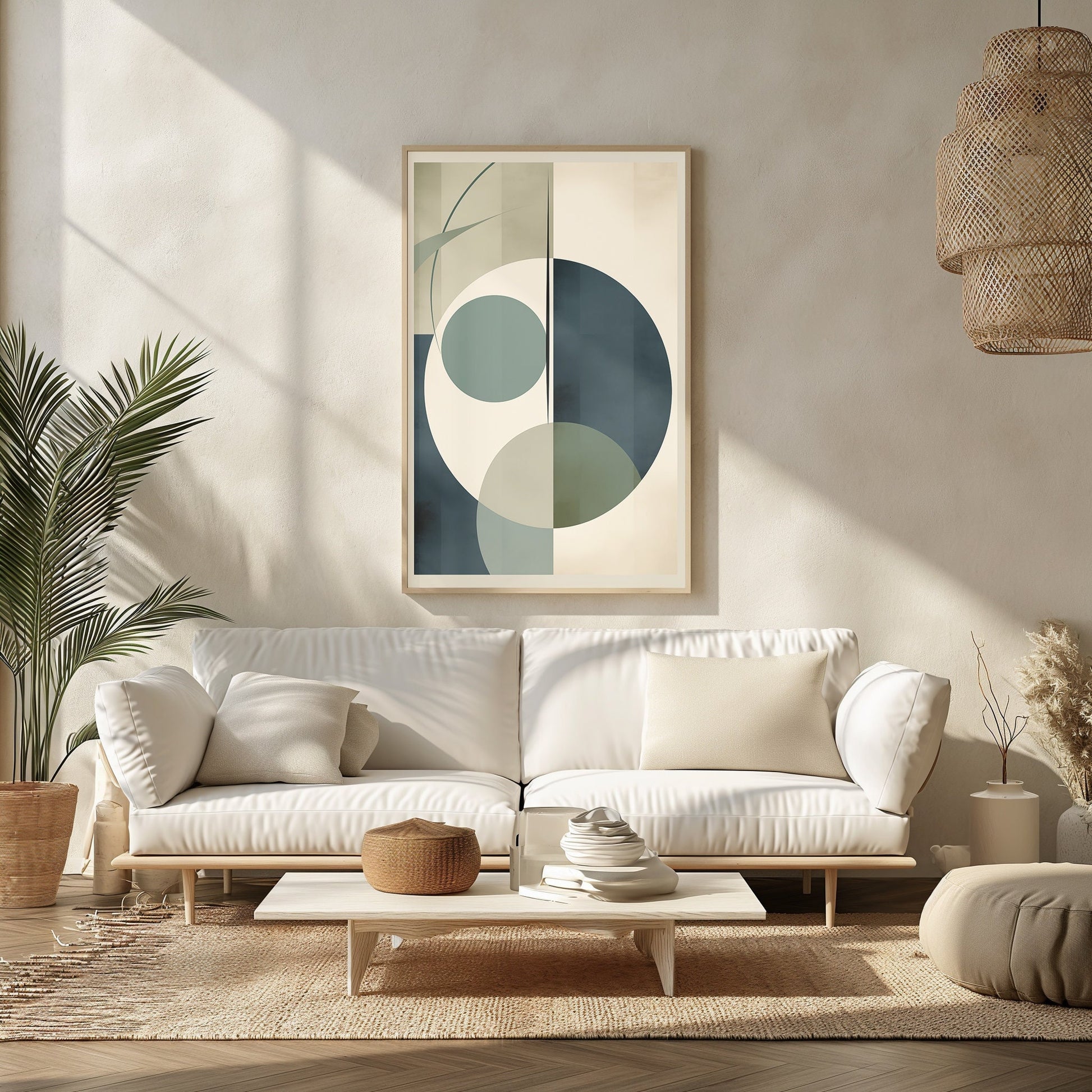 Modern minimalist digital print with abstract geometric shapes in cool tones, ideal for a contemporary boho chic decor.