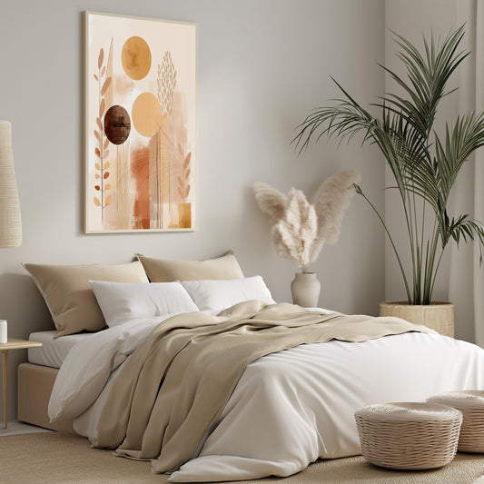 Abstract digital artwork with botanical elements and warm earth tones, creating a harmonious and modern aesthetic for bedroom decor.