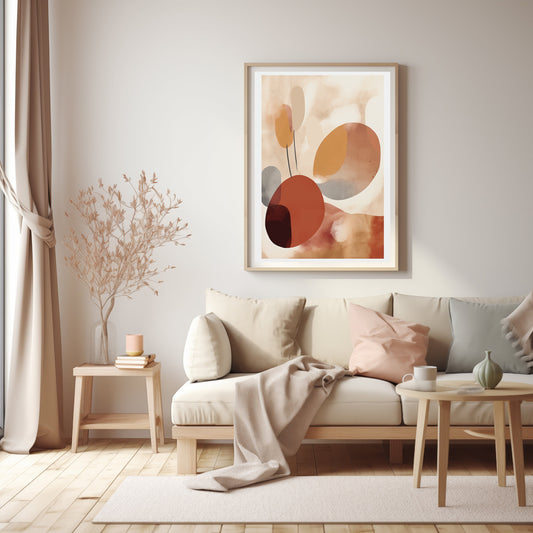 Modern geometric abstract art in warm autumnal tones, perfect for enhancing a contemporary room with a boho chic aesthetic.