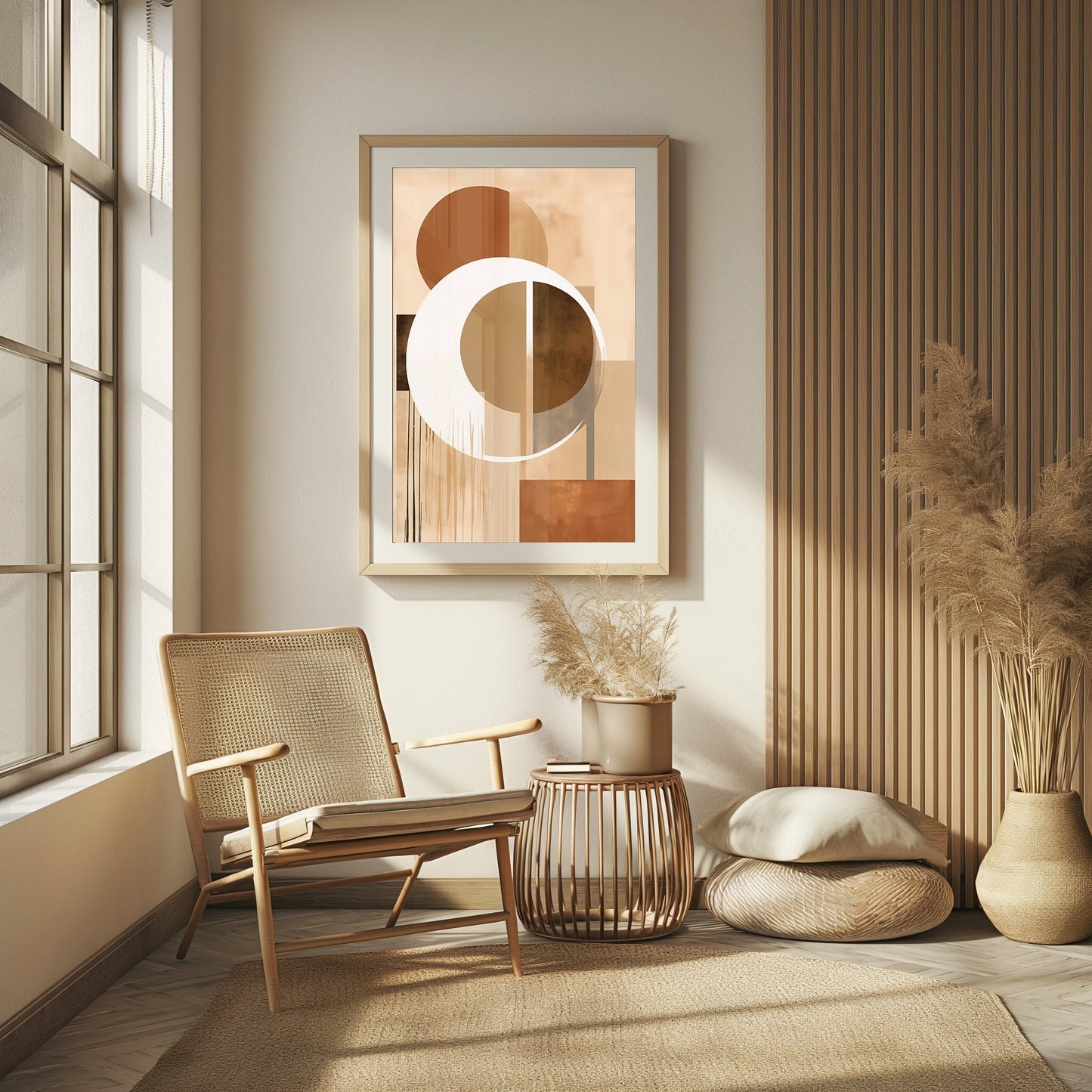 Chic and modern digital abstract art with circular shapes in soft neutral tones, ideal for creating a minimalist and elegant home decor atmosphere.