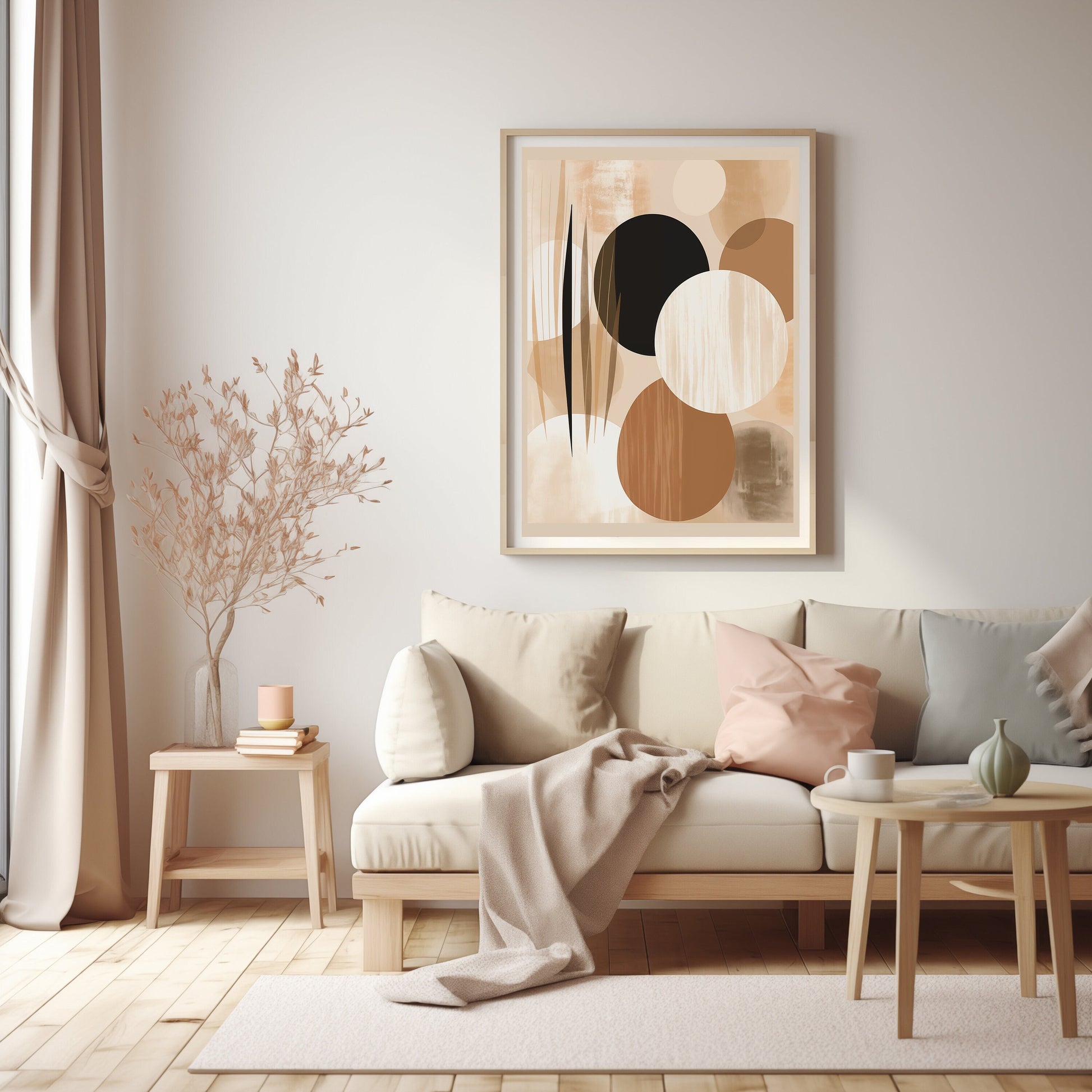 Abstract geometric wall art with overlapping circles in sunset-inspired neutral tones, creating a calm and minimalist boho chic ambiance.