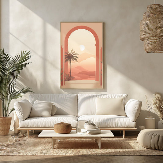 Peaceful desert landscape art print featuring palm tree silhouettes against a warm sunset, ideal for bohemian-inspired home decor.