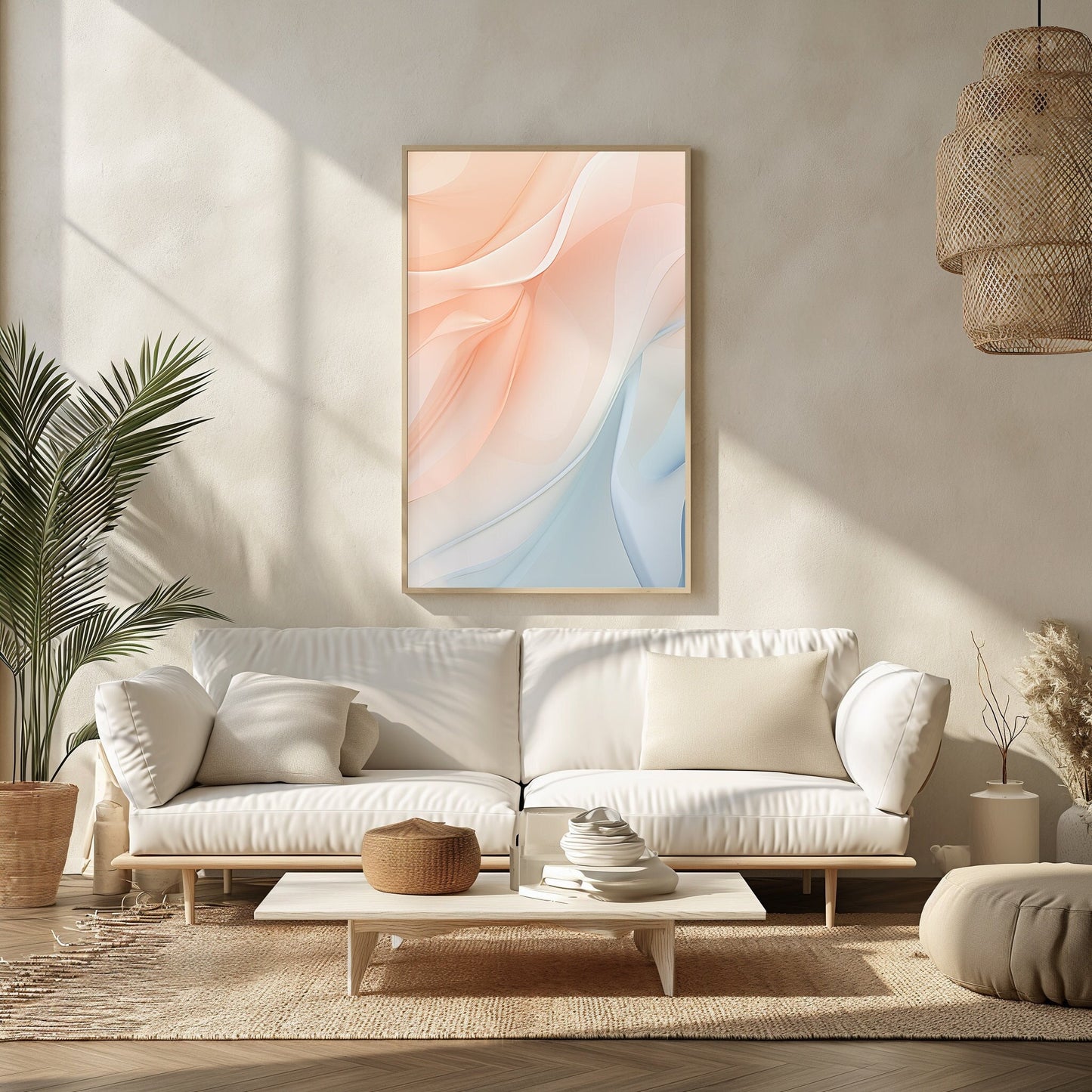 Printable modern abstract art featuring whimsical swirls and soft pastel waves, creating a contemporary and soothing atmosphere in a chic bedroom setting.