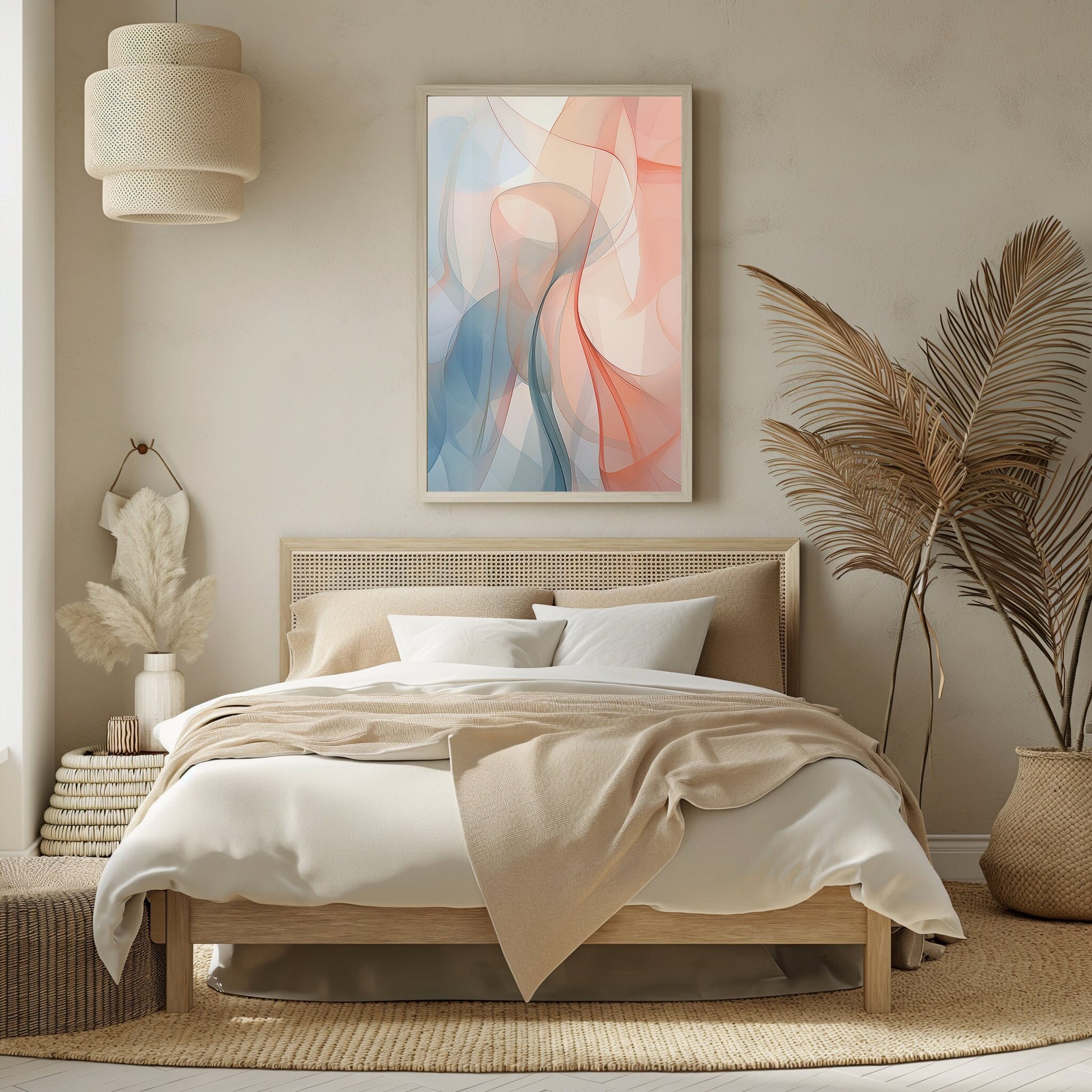 Modern abstract digital art featuring flowing pastel colors and elegant curves, ideal for creating a relaxing and chic atmosphere in a bedroom setting.